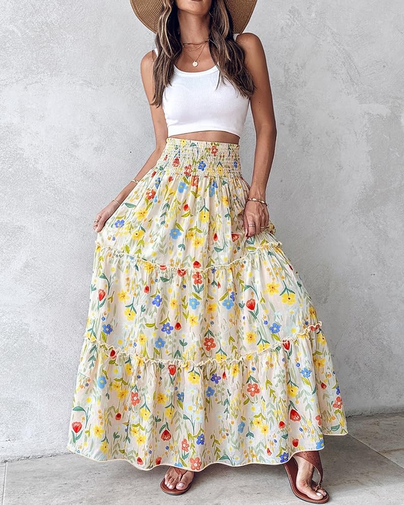 CHICME Women's Boho Floral Summer Maxi Skirt with Pockets Vacation Outfit | Shirred High Waist, Ruffle Hem, Lightweight Comfortable Fabric, A-Line Long Flowy Skirt for Beach, Travel & Daily Wear
