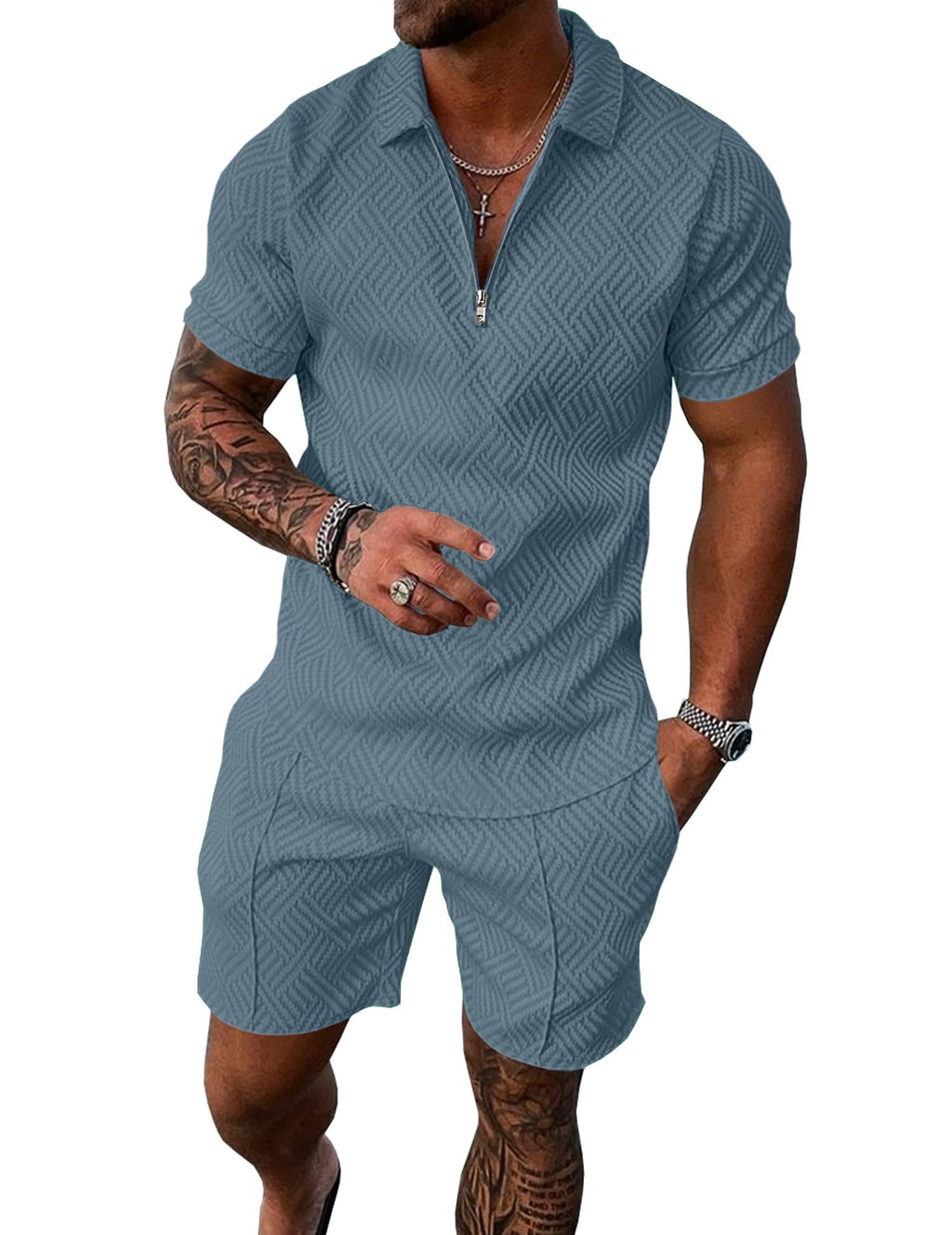 Mens Summer Track Suits 2 Piece Shorts Sets Short Sleeve Sweatsuit Outfits 1/4 Zip Golf Polo Shirts Loungewear