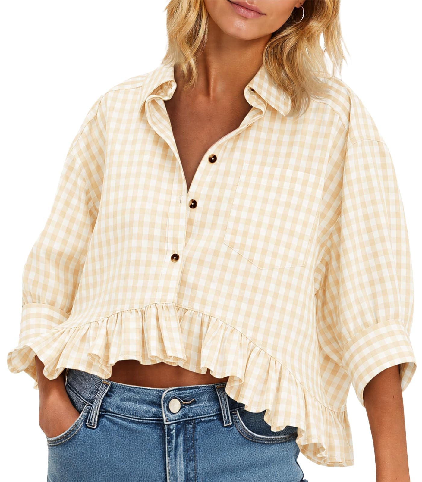 Cicy Bell Womens Cropped Striped Button Down Shirts Ruffle 3/4 Length Tops | Dressy Casual Blouses,Summer V Neck Tops,Vacation Outfits