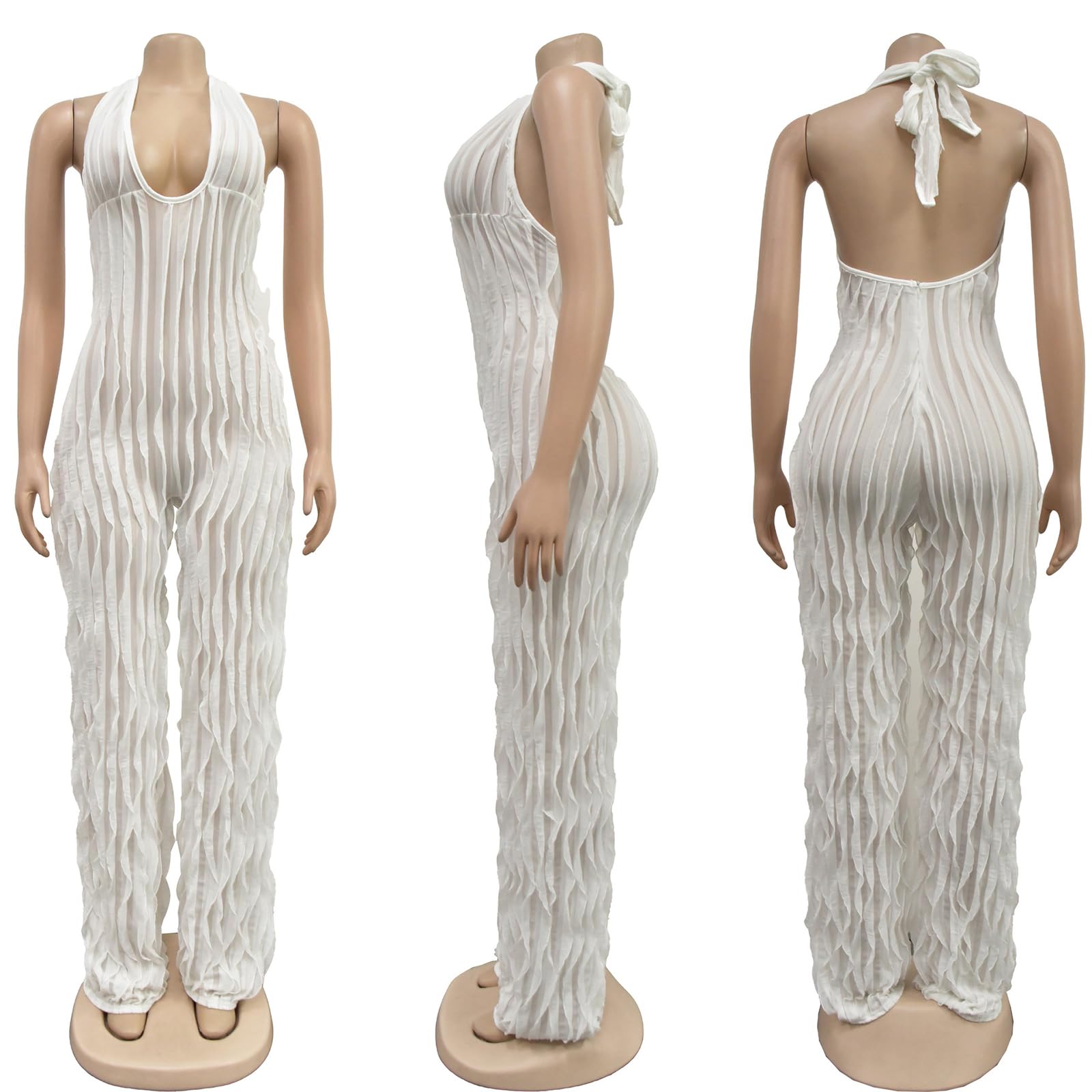 YBSKG Summer Halter Backless Jumpsuits for Women One Piece Wide Long Pants | Sexy See Through V Neck Tie Pleated One Piece Wide Leg Long Pants Romper