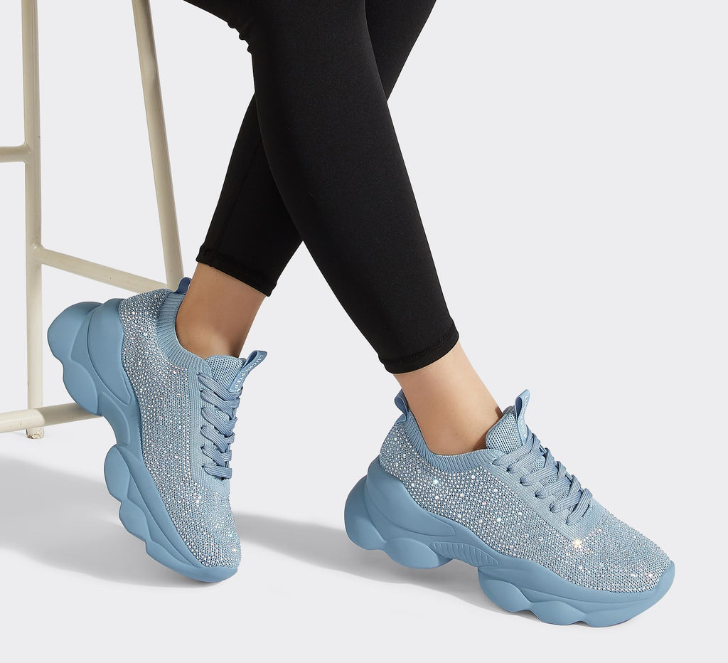LUCKY STEP Women's Chunky Rhinestone Sneaker Sparkly Bling Bedazzled Mesh Slip on Elastic Sock Glitter Shiny Rave Walking Shoes