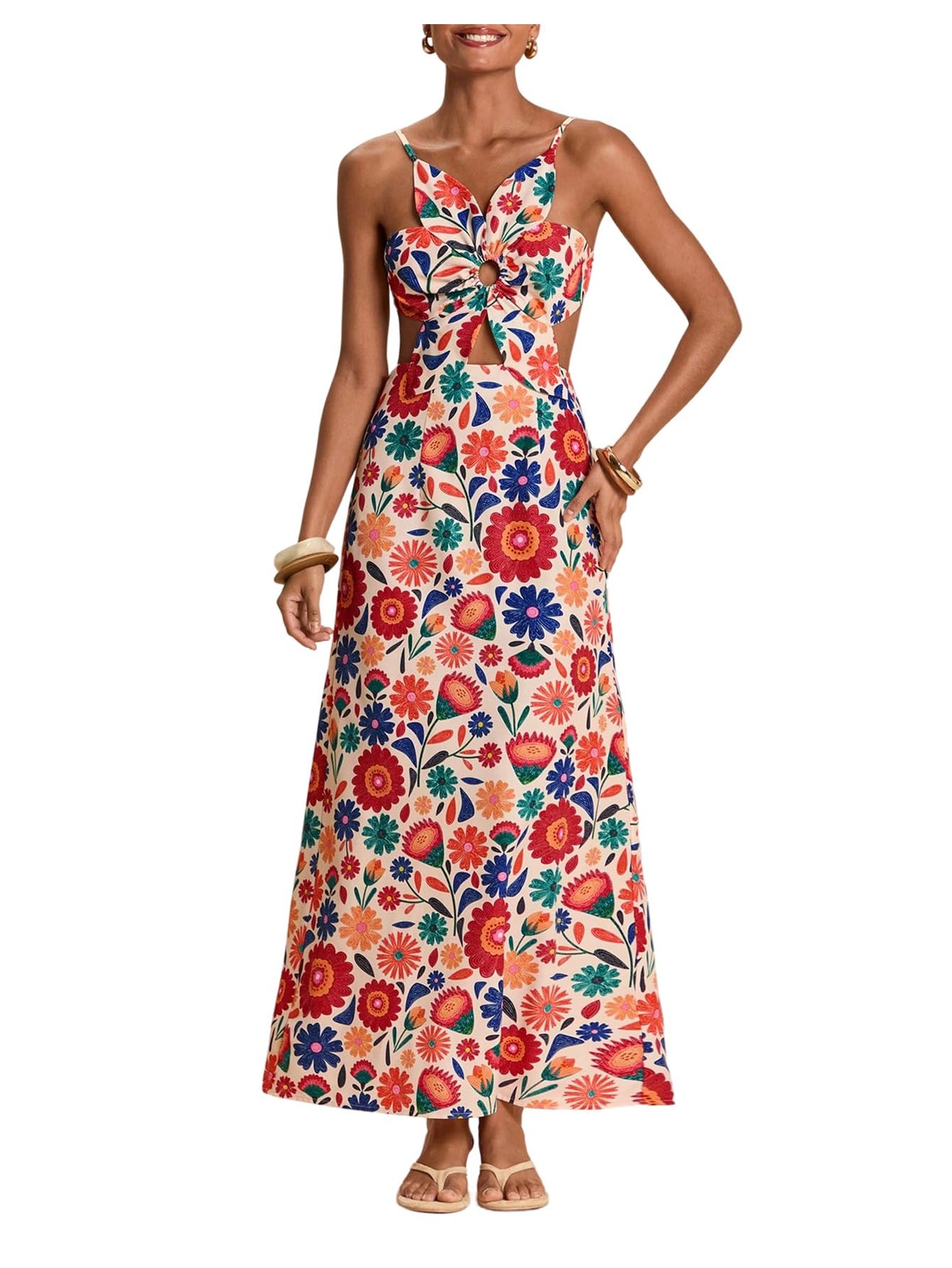 SHENHE Women's Petal Backless Linen Maxi Dress Cut Out Vacation Dresses | Keyhole, Spaghetti Strap, Open Back, Long Dress, Zipper, Summer, Date Night, Cami Dresses