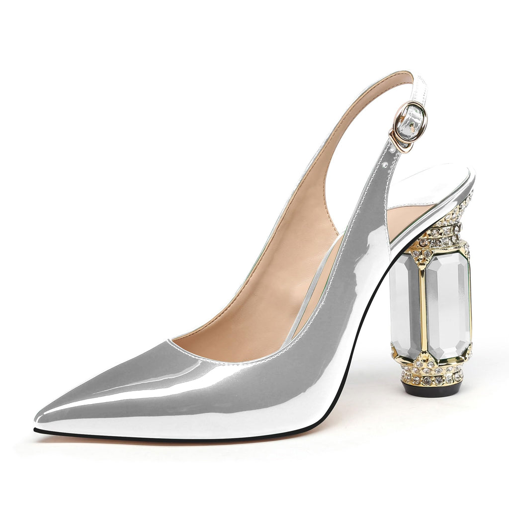 JANSEVEN Women Chunky Heels Pumps Crystal Block Heels with Rhinestones Pointed Toe Sexy Gradient Patent Leather Slip on Bridal Party Wedding Dress Shoes 5-13 M US