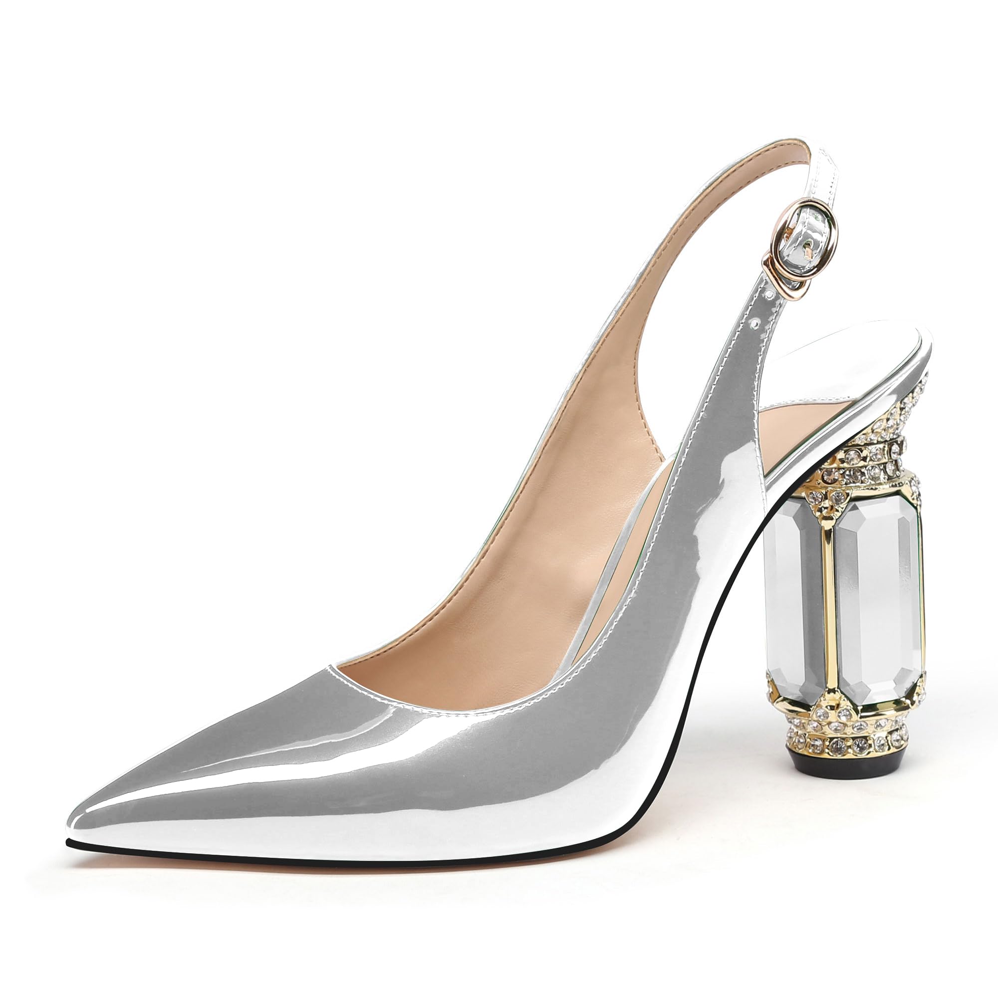 JANSEVEN Women Chunky Heels Pumps Crystal Block Heels with Rhinestones Pointed Toe Sexy Gradient Patent Leather Slip on Bridal Party Wedding Dress Shoes 5-13 M US