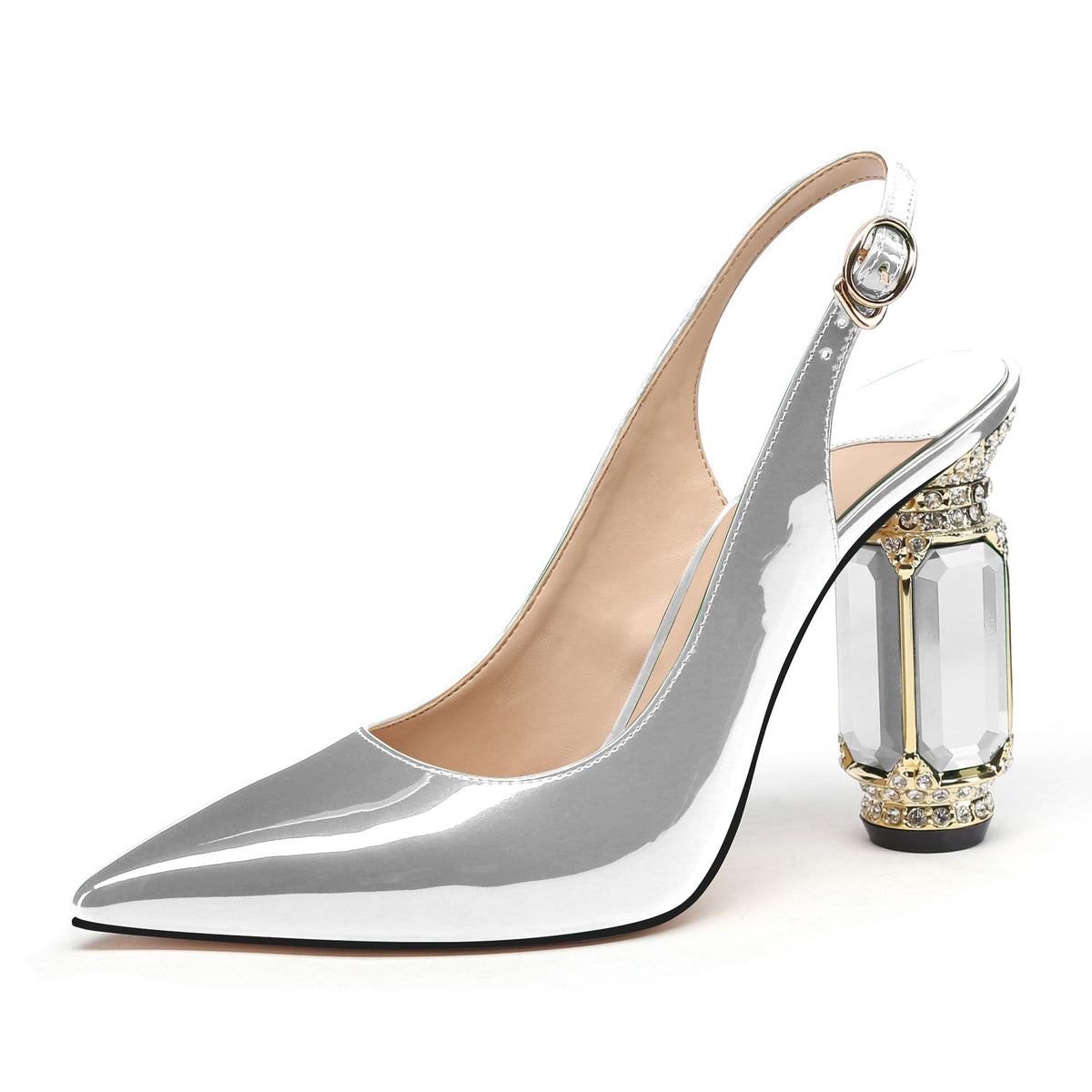JANSEVEN Women Chunky Heels Pumps Crystal Block Heels with Rhinestones Pointed Toe Sexy Gradient Patent Leather Slip on Bridal Party Wedding Dress Shoes 5-13 M US