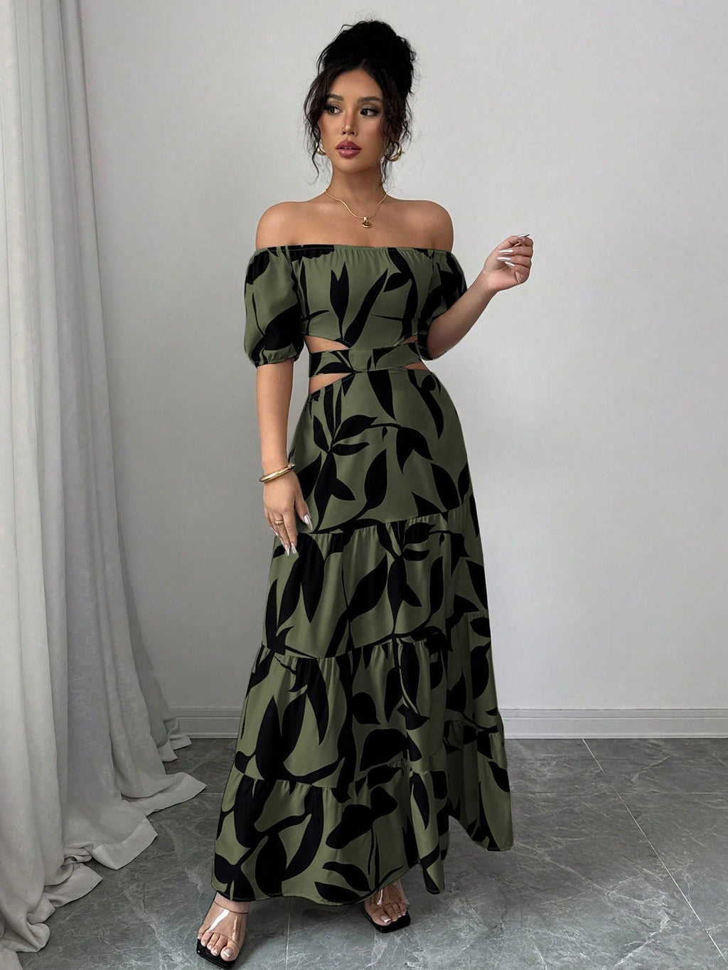 Women's Boho Off The Shoulder Short Sleeve Maxi Dresses Casual Summer Tiered Ruffle Swing Cut Out Flowy Dress