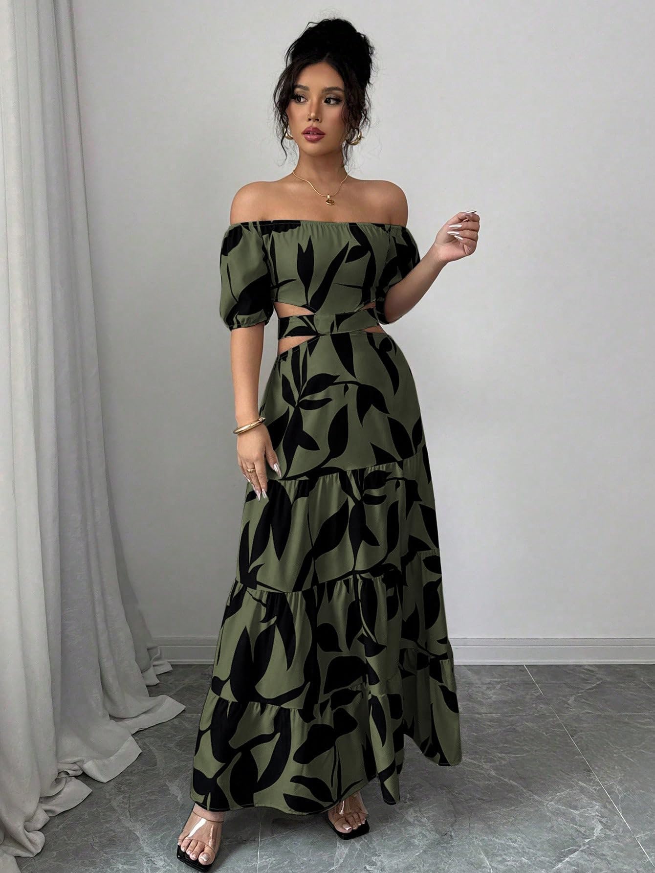 Women's Boho Off The Shoulder Short Sleeve Maxi Dresses Casual Summer Tiered Ruffle Swing Cut Out Flowy Dress