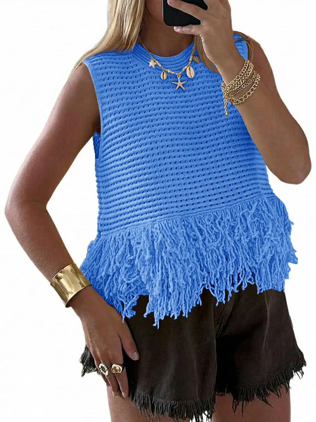 Saodimallsu Womens Crochet Crop Tank Tops Fringe Boho Summer Sweater Vest | Sleeveless,Crew Neck,Soft Knit,Summer Going Out Top,Resort Wear,Beach Vacation Outfits,Spring Fashion