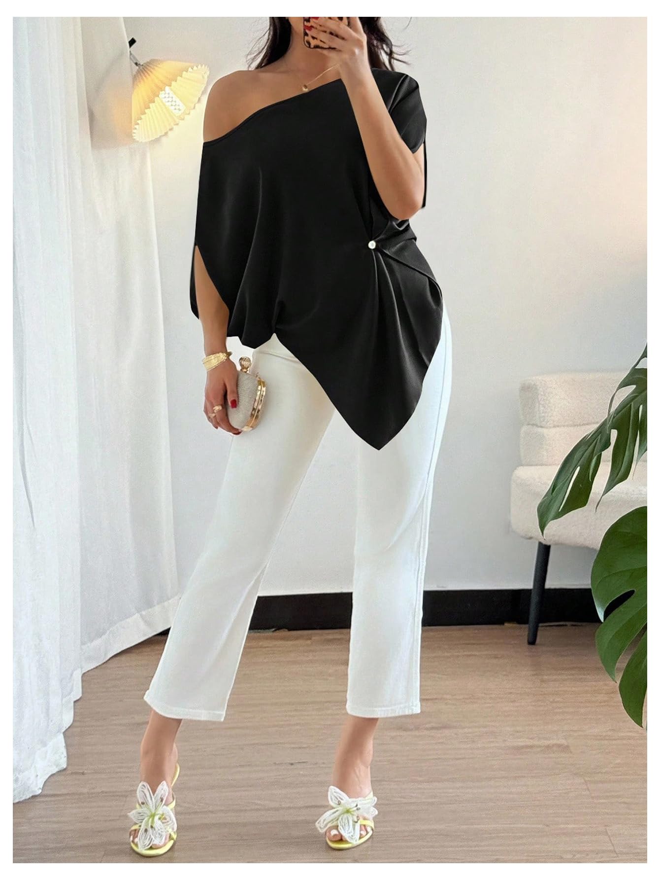 SHENHE Women's Off Shoulder Dolman Sleeve Blouses Asymmetrical Flowy Tops | Casual, Loose, Blouses With Waist Pleats, Asymmetrical, Elegant