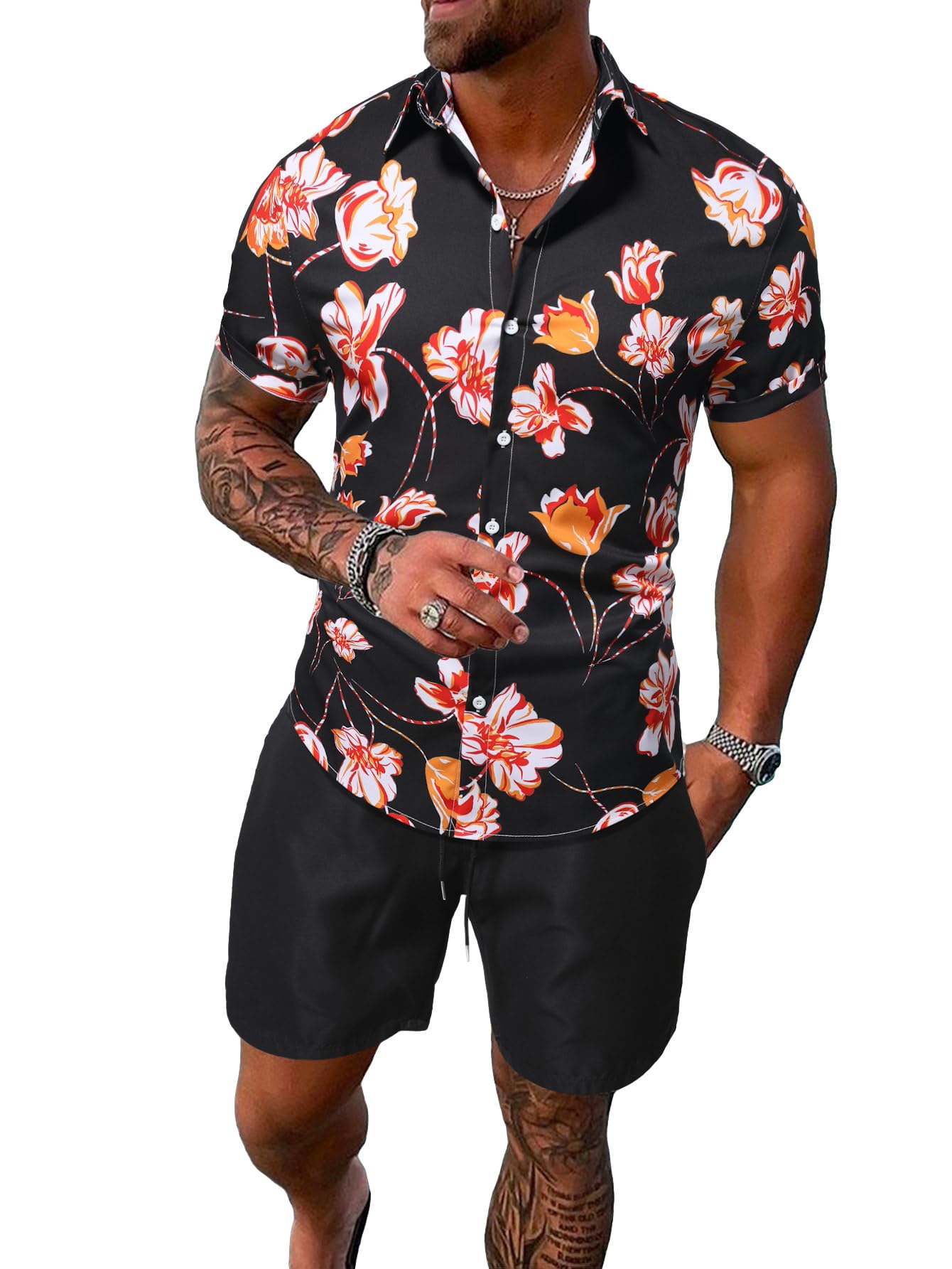 GORGLITTER Men's Cruise Rave Vacation Matching Outfits 2 Piece Short Sets | Mens Summer Beach Outfits, 2 Piece Shorts Set, Couples Travel Outfits, Hawaiian Shirts