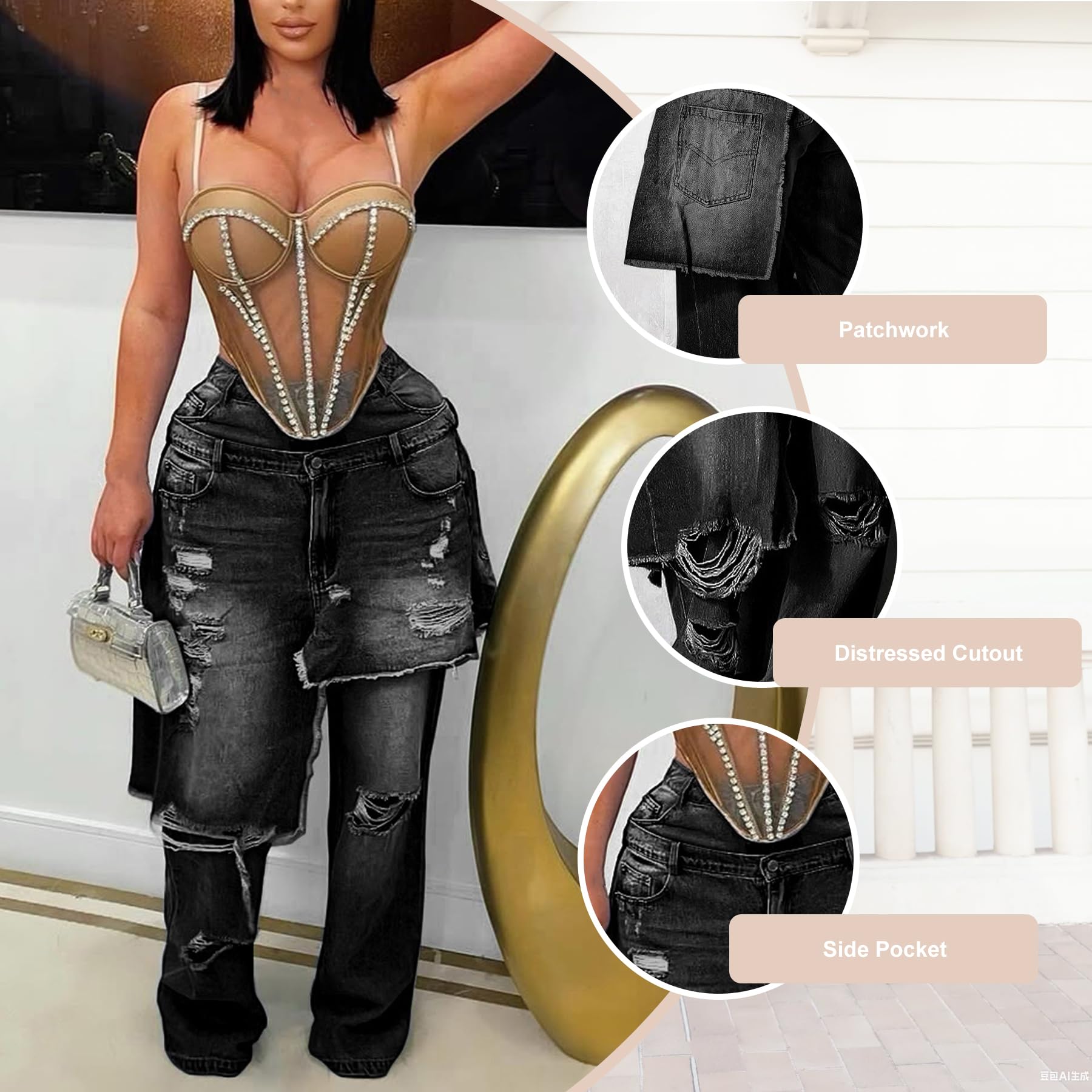LKOUS Women's Ripped Baggy Jeans High Waist Wide Leg Patchwork Streetwear | Distressed, cutout, Y2K, hip hop, stretchy, soft, pocket, casual, concert, vintage. Machine wash