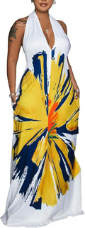 Womens Sexy Summer Dresses Halter Neck Plus Size Long Maxi Dress Casual Floral Beach Sun Dresses with Pockets