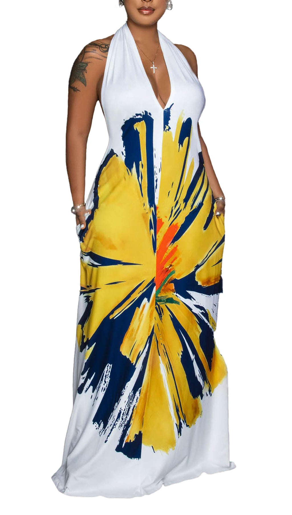 Womens Sexy Summer Dresses Halter Neck Plus Size Long Maxi Dress Casual Floral Beach Sun Dresses with Pockets