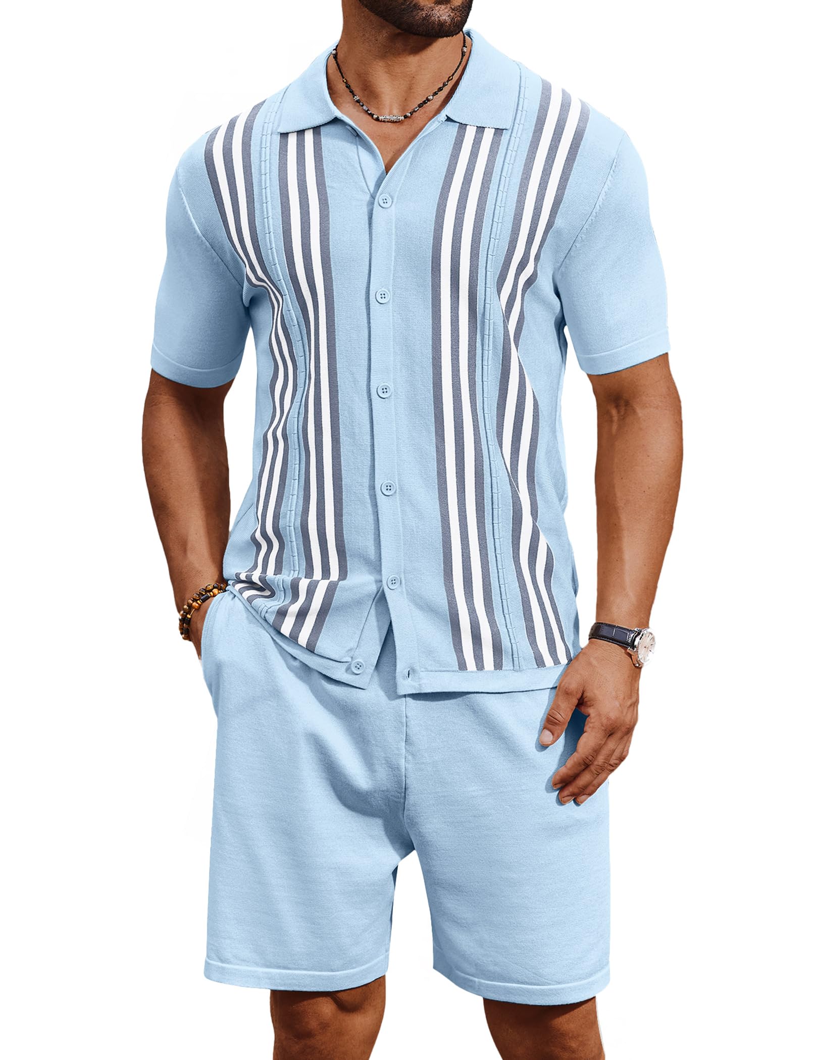 COOFANDY Men's 2 Piece Outfits Summer Short Sets Vintage Knit Button Down Shirt Short Sleeve Polo Casual Beach Suits