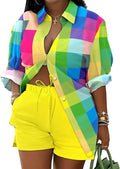 Mandonce 2 Piece Outfits for Women Long Sleeve Printed Shirt and Elastic Lace-Up Shorts with Pockets Beach Vacation Clothes