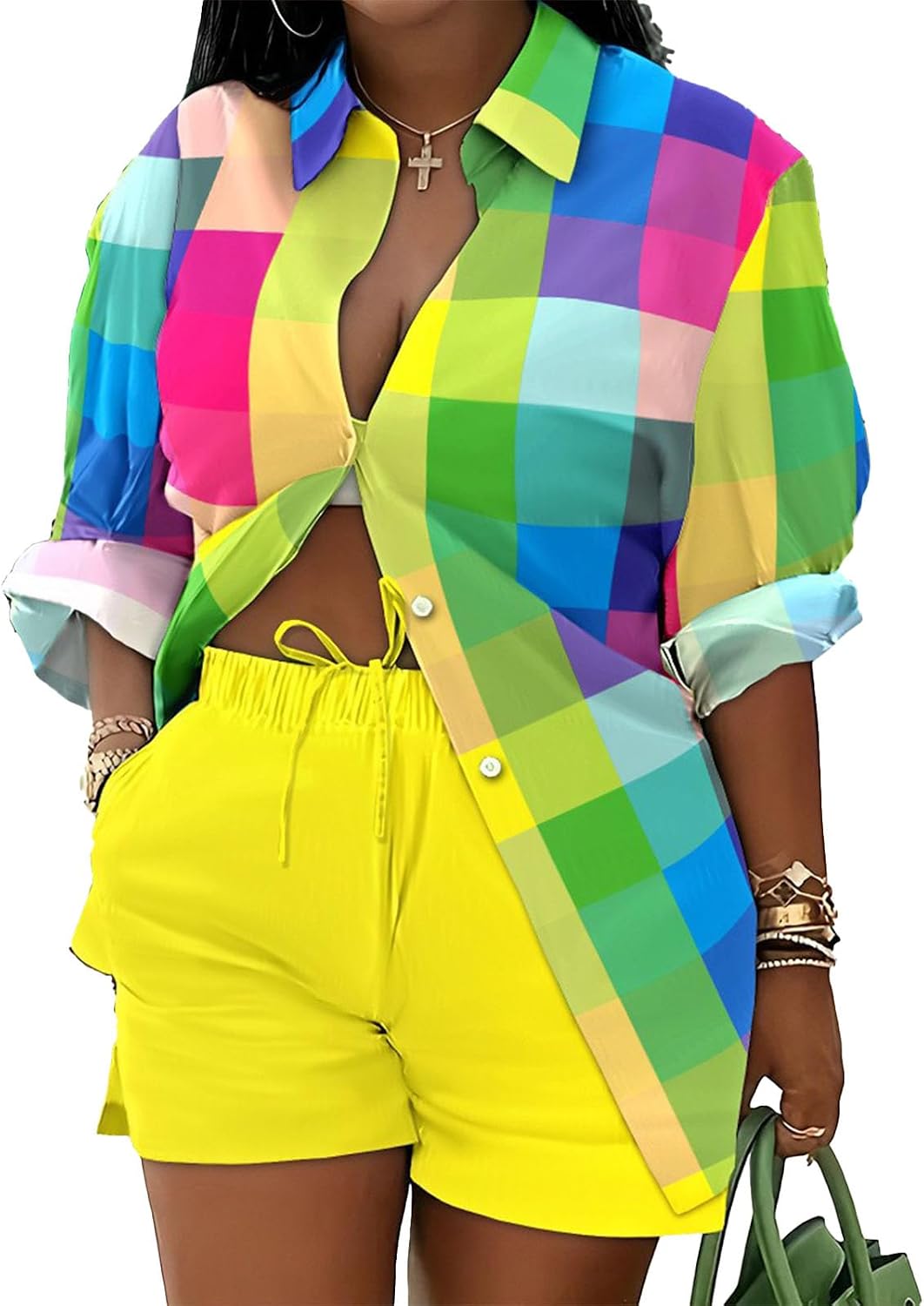 Mandonce 2 Piece Outfits for Women Long Sleeve Printed Shirt and Elastic Lace-Up Shorts with Pockets Beach Vacation Clothes
