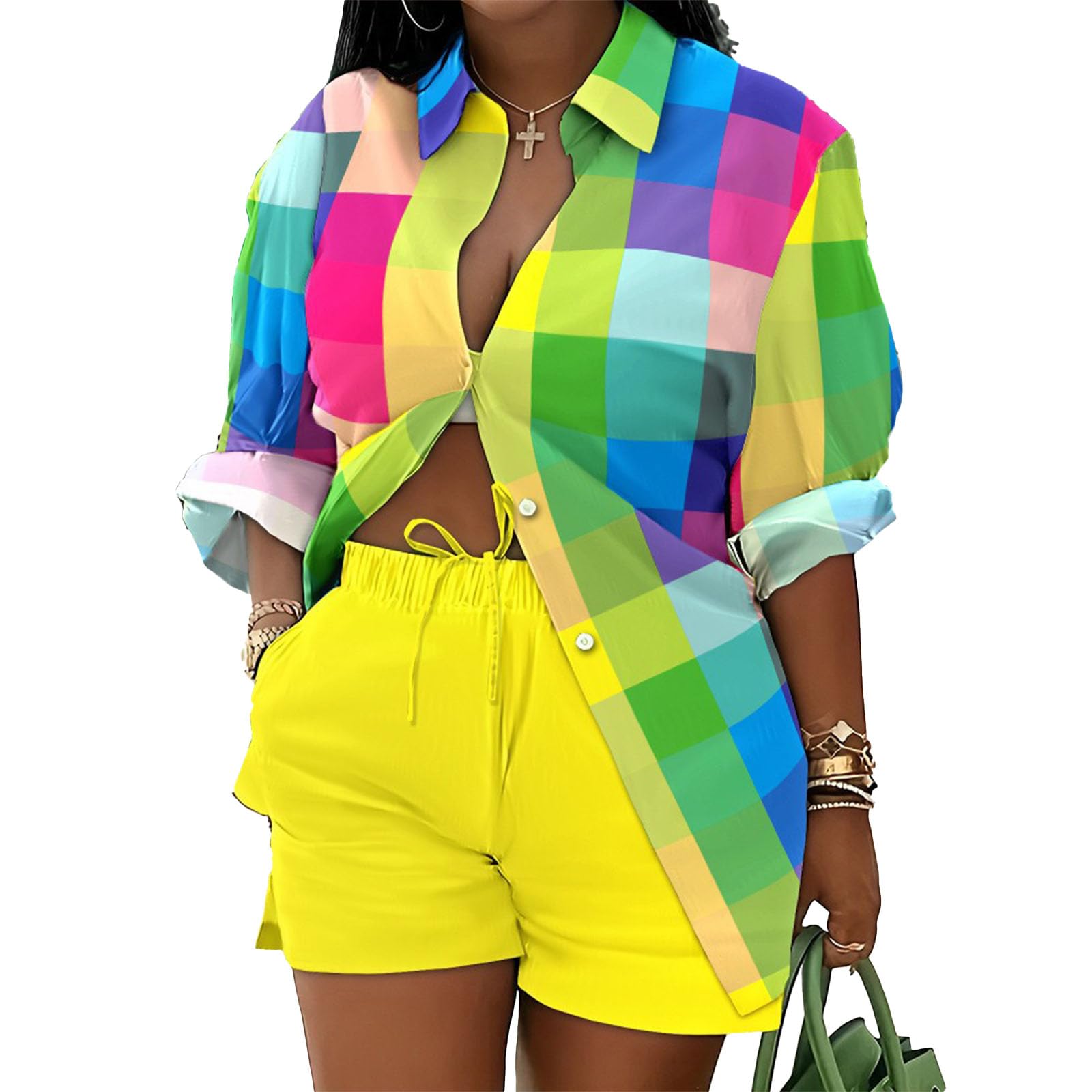 Mandonce 2 Piece Outfits for Women Long Sleeve Printed Shirt and Elastic Lace-Up Shorts with Pockets Beach Vacation Clothes