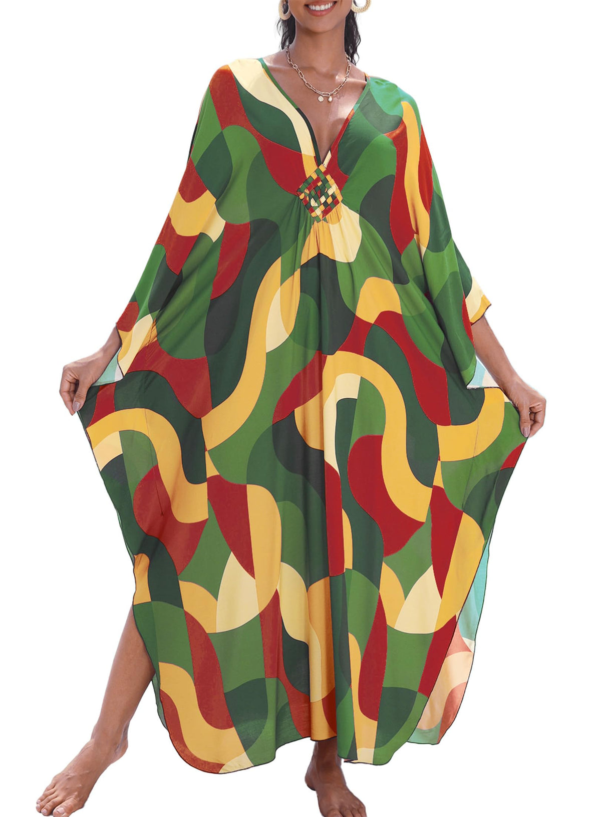 Yanziliu Kaftan Dress for Women,Plus Size Hawaiian Batwing Sleeve Beach Cover Up Summer Swimsuit Dresses