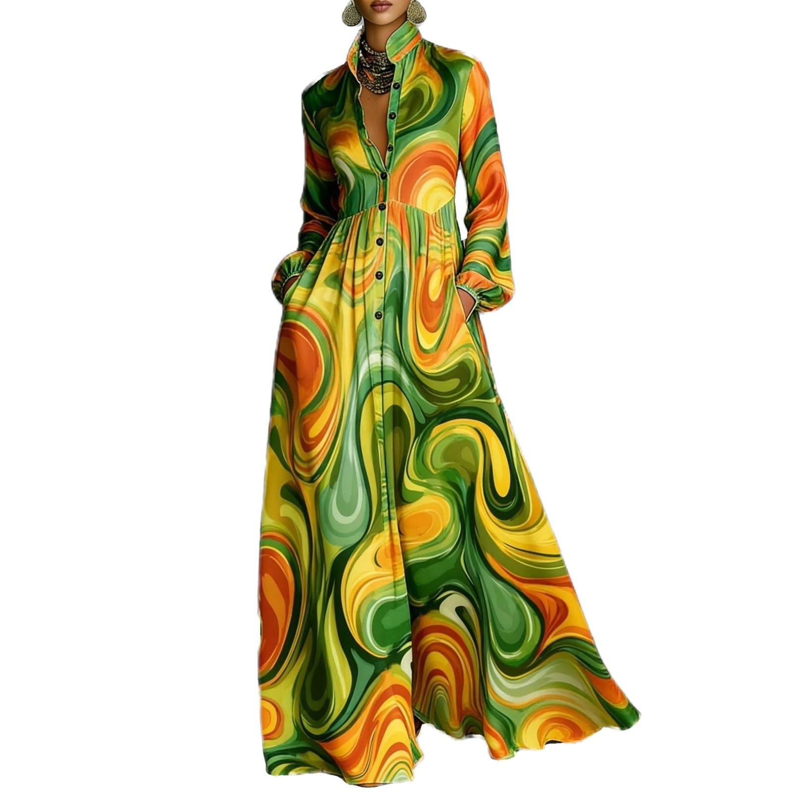 Women Maxi Dress Stand Collar Button Front Pocket Beach Vacation Casual | Flowy maxi dress stand collar, button front, functional pockets, long lantern sleeves, A-line skirt, beach vacation daily
