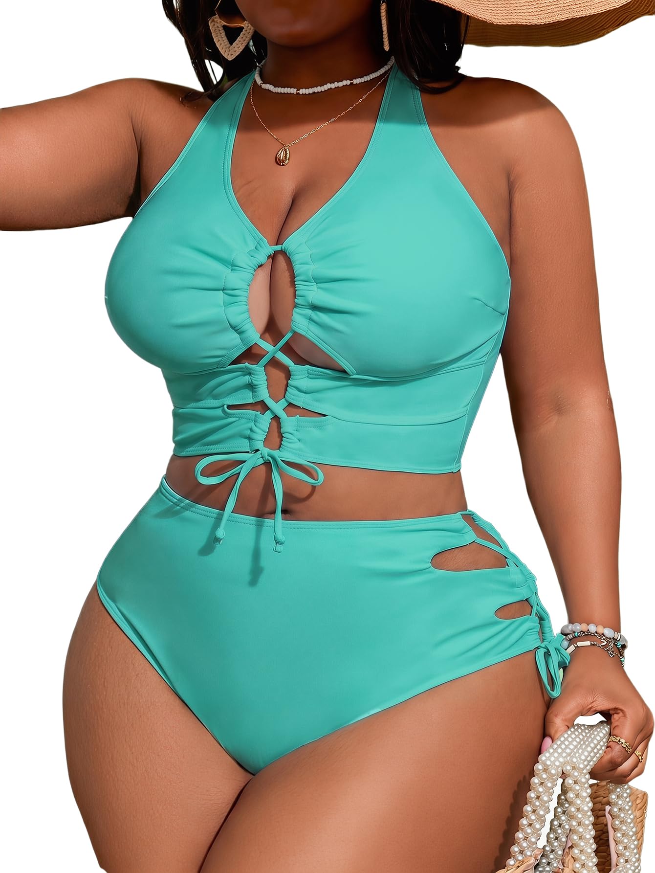 SOLY HUX Womens Plus Size Two Piece Bathing Suit Bikini Swimsuit | Tummy Control, High Waisted Bikini Sets, Adjustable Tie String, Sexy