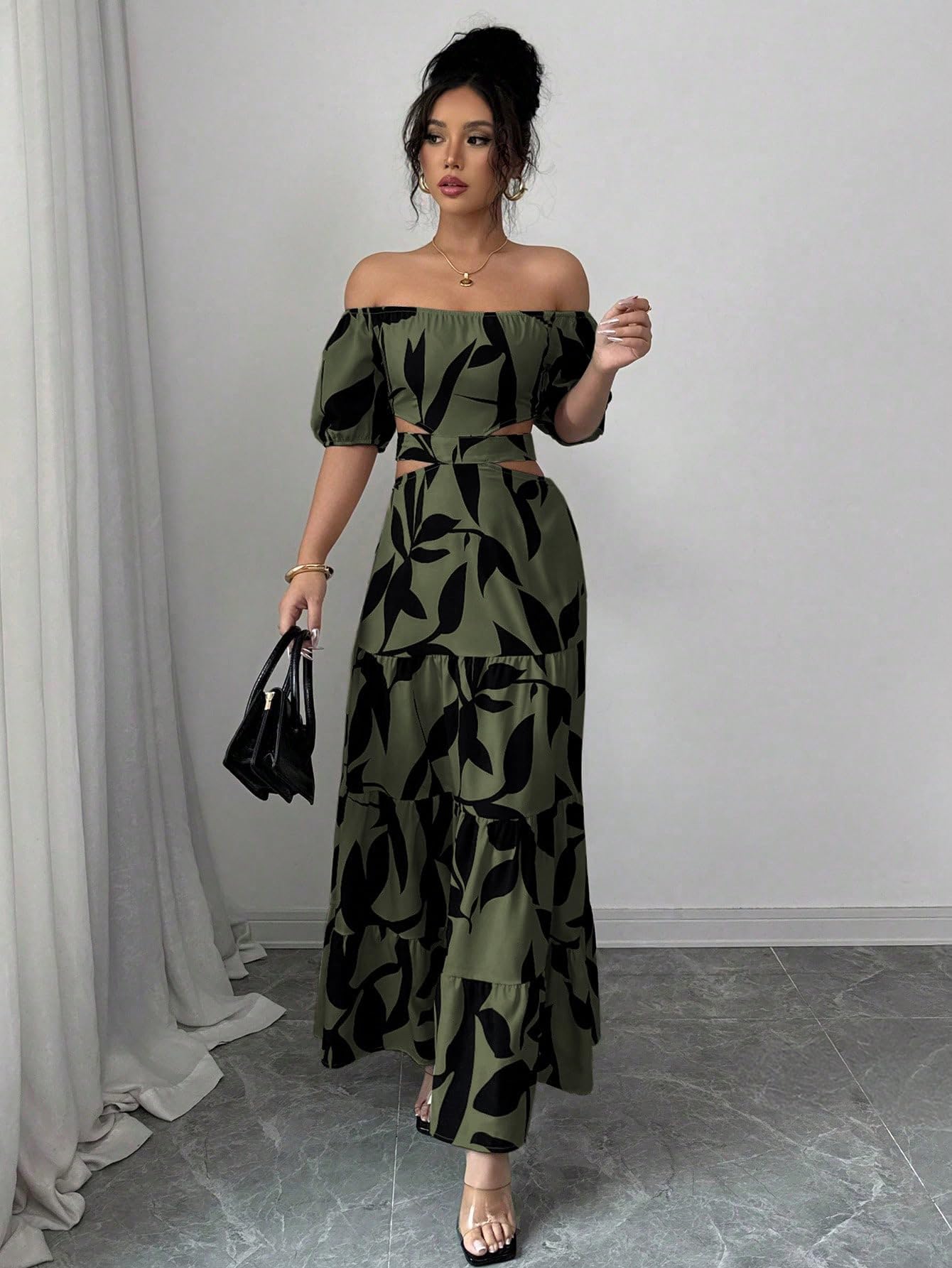 Women's Boho Off The Shoulder Short Sleeve Maxi Dresses Casual Summer Tiered Ruffle Swing Cut Out Flowy Dress