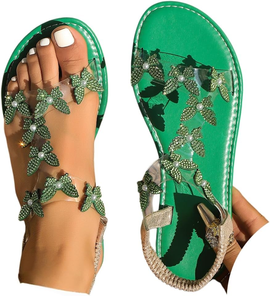 Women's Butterfly Rhinestone Flat Sandals Glitter Sparkly Bling Strappy Open Toe Elegant Transparent Elastic Strap Gladiator Sandals for Dressy Summer Wedding Bridal Prom Travel Daily Wear