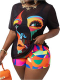 Women's 3 Piece Plus Size Swimsuit Tankini Shorts Set High Waisted Bathing Suit Graphic Beachwear with Mesh Cover Up