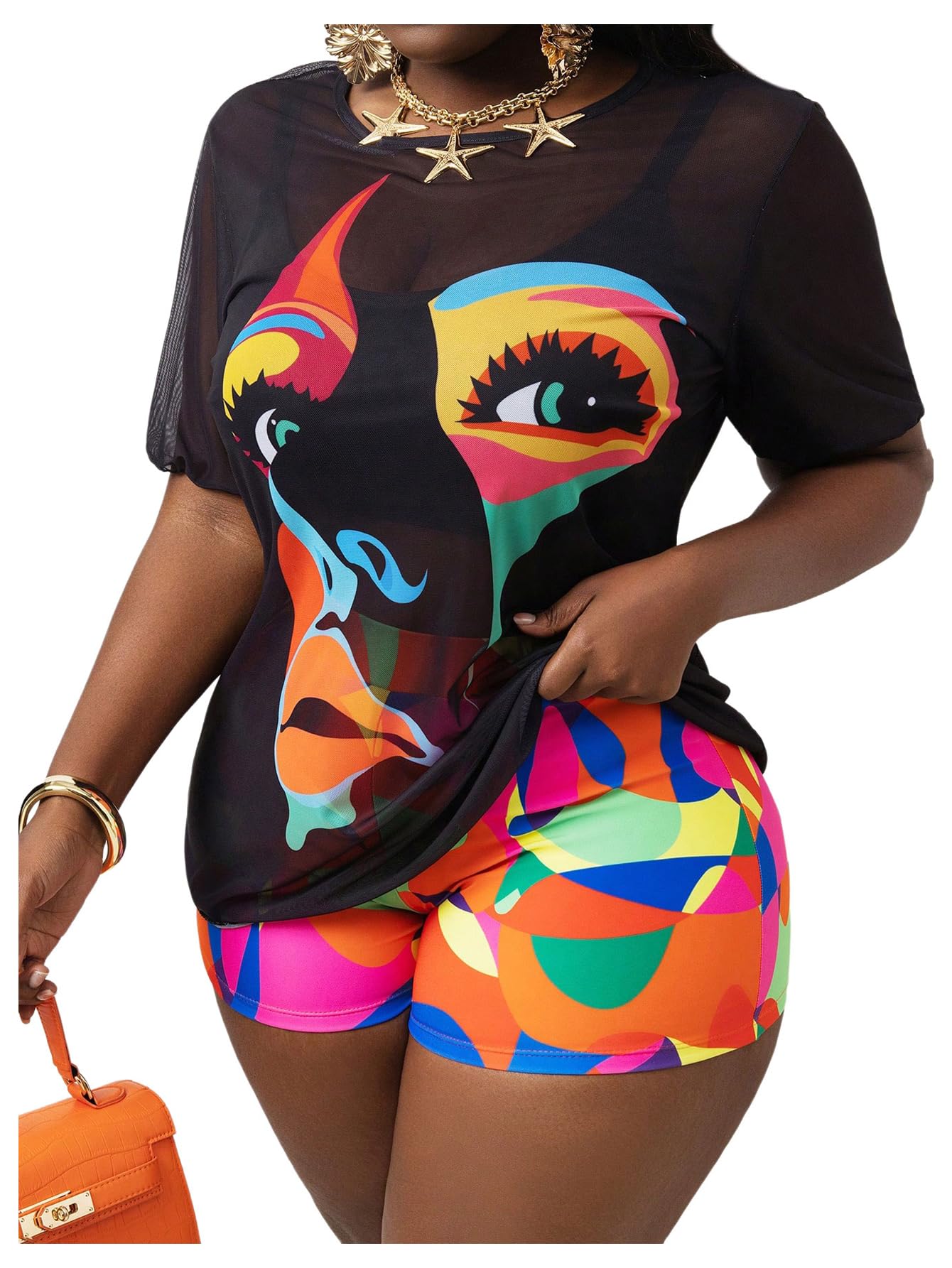 Women's 3 Piece Plus Size Swimsuit Tankini Shorts Set High Waisted Bathing Suit Graphic Beachwear with Mesh Cover Up