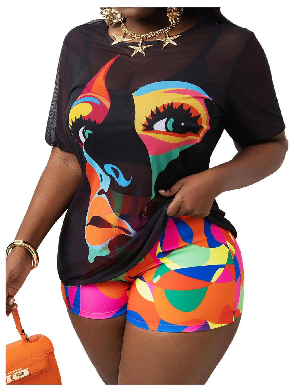 Women's 3 Piece Plus Size Swimsuit Tankini Shorts Set High Waisted Bathing Suit Graphic Beachwear with Mesh Cover Up