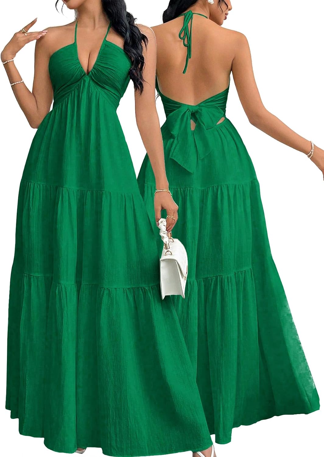 Narecte Women's Maxi Summer Dresses Halter V Neck Beach Dresses for Women A-Line Casual Dress for Vacation