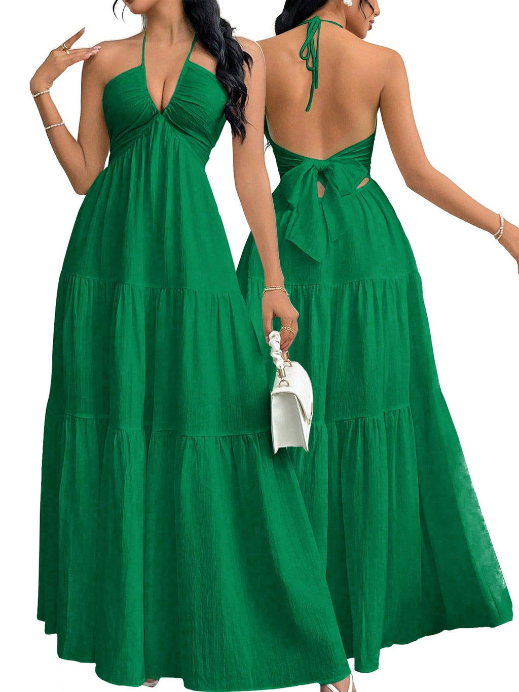Narecte Women's Maxi Summer Dresses Halter V Neck Beach Dresses for Women A-Line Casual Dress for Vacation