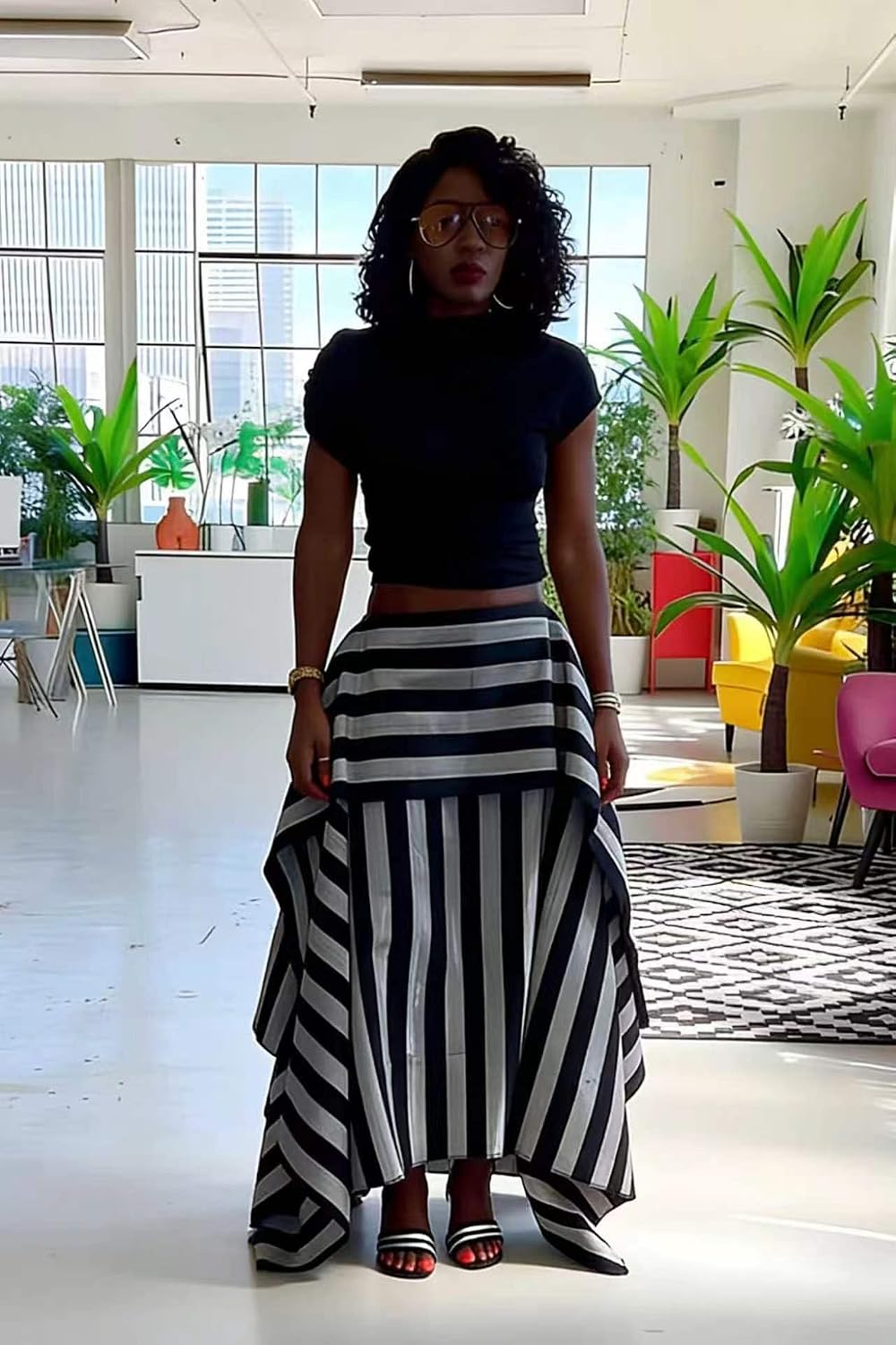 THLAI Skirts for Women Striped Print Patchwork Ruffle Hem Flowy Long Maxi Skirt High Waist Casual Vacation Streetwear