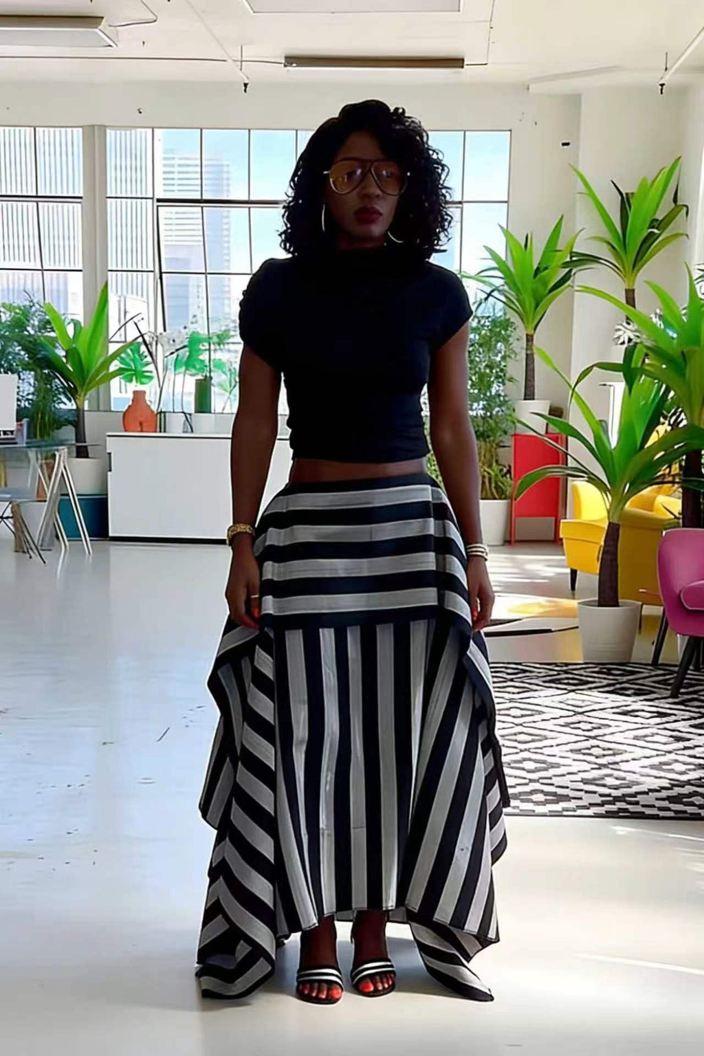 THLAI Skirts for Women Striped Print Patchwork Ruffle Hem Flowy Long Maxi Skirt High Waist Casual Vacation Streetwear