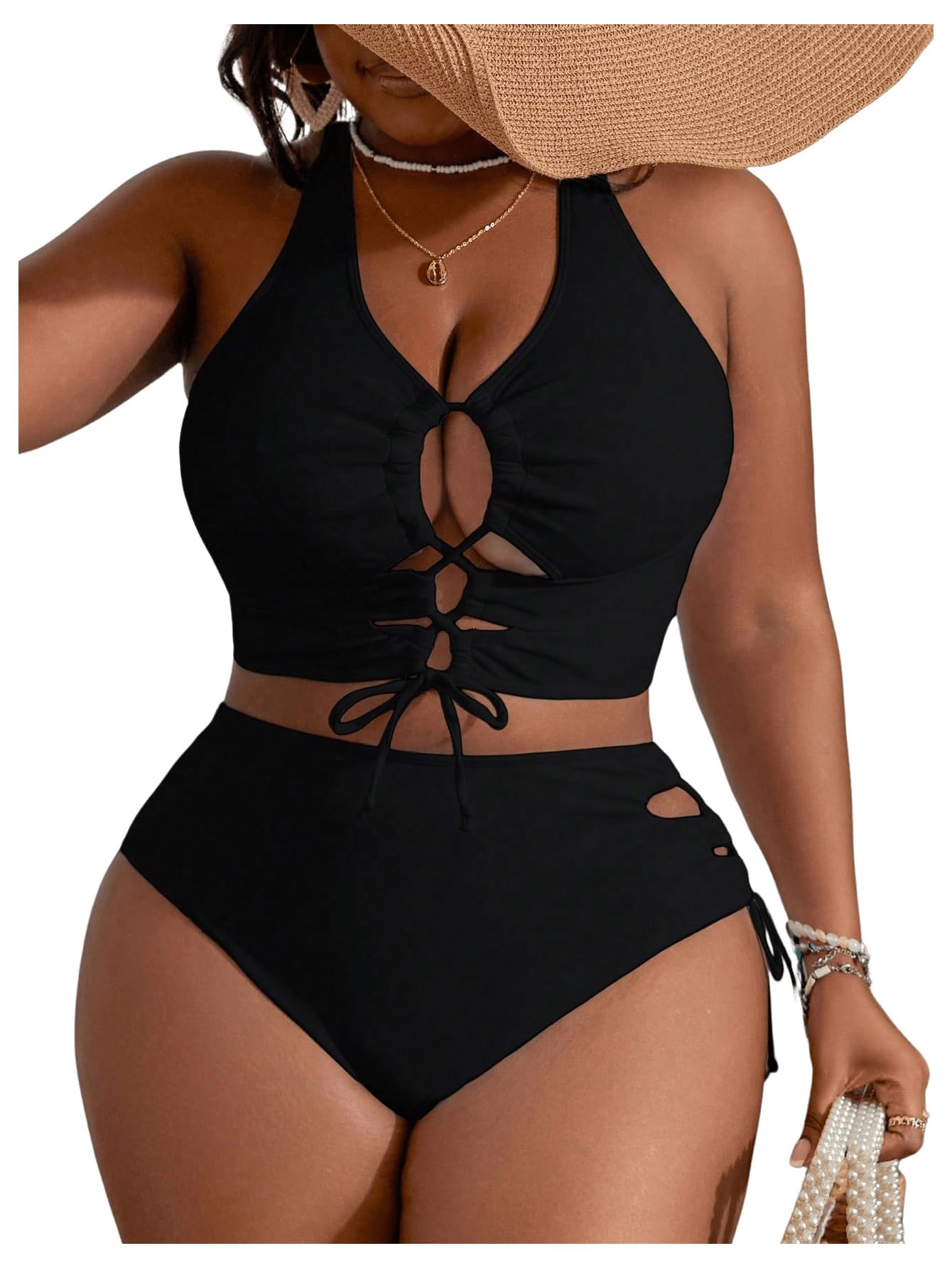 SOLY HUX Womens Plus Size Two Piece Bathing Suit Bikini Swimsuit | Tummy Control, High Waisted Bikini Sets, Adjustable Tie String, Sexy