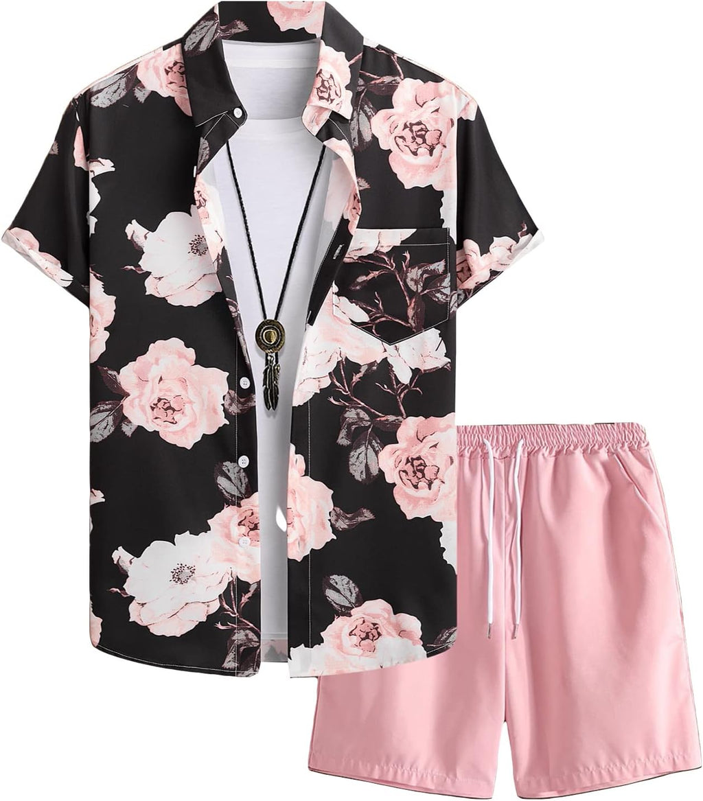 GORGLITTER Men's Beach Cruise Vacation Outfits Floral Shirt and Shorts Sets | Short Sleeve Button Up, Matching Hawaiian Outfits for Couples, Resort Wear