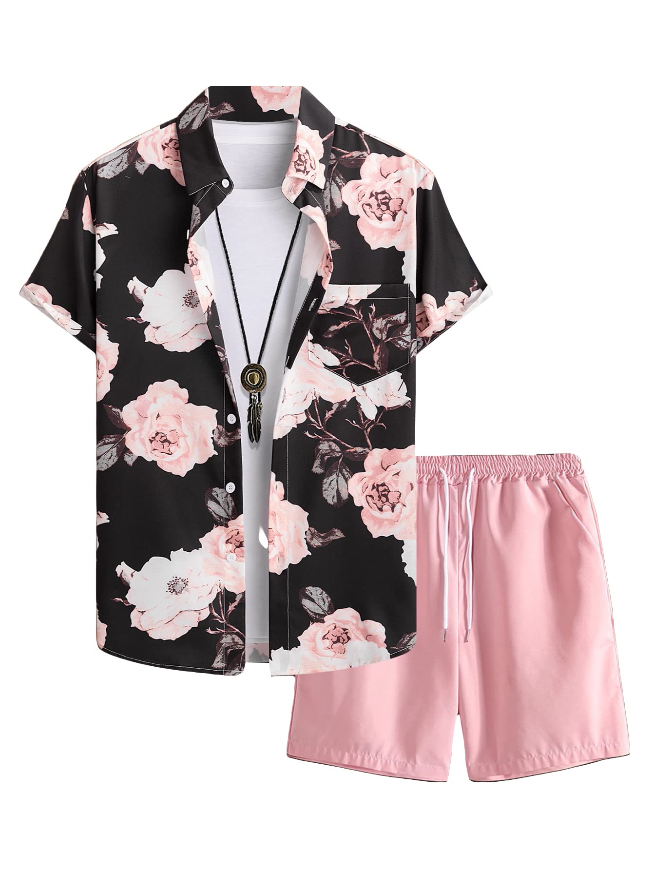 GORGLITTER Men's Beach Cruise Vacation Outfits Floral Shirt and Shorts Sets | Short Sleeve Button Up, Matching Hawaiian Outfits for Couples, Resort Wear