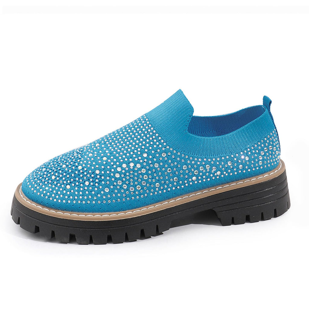 Women's Knit Rhinestone Platform Sock Sneakers Breathable Mesh Round Toe Slip On Lug Sole Loafers Lightweight Walking Sport Casual Shoes