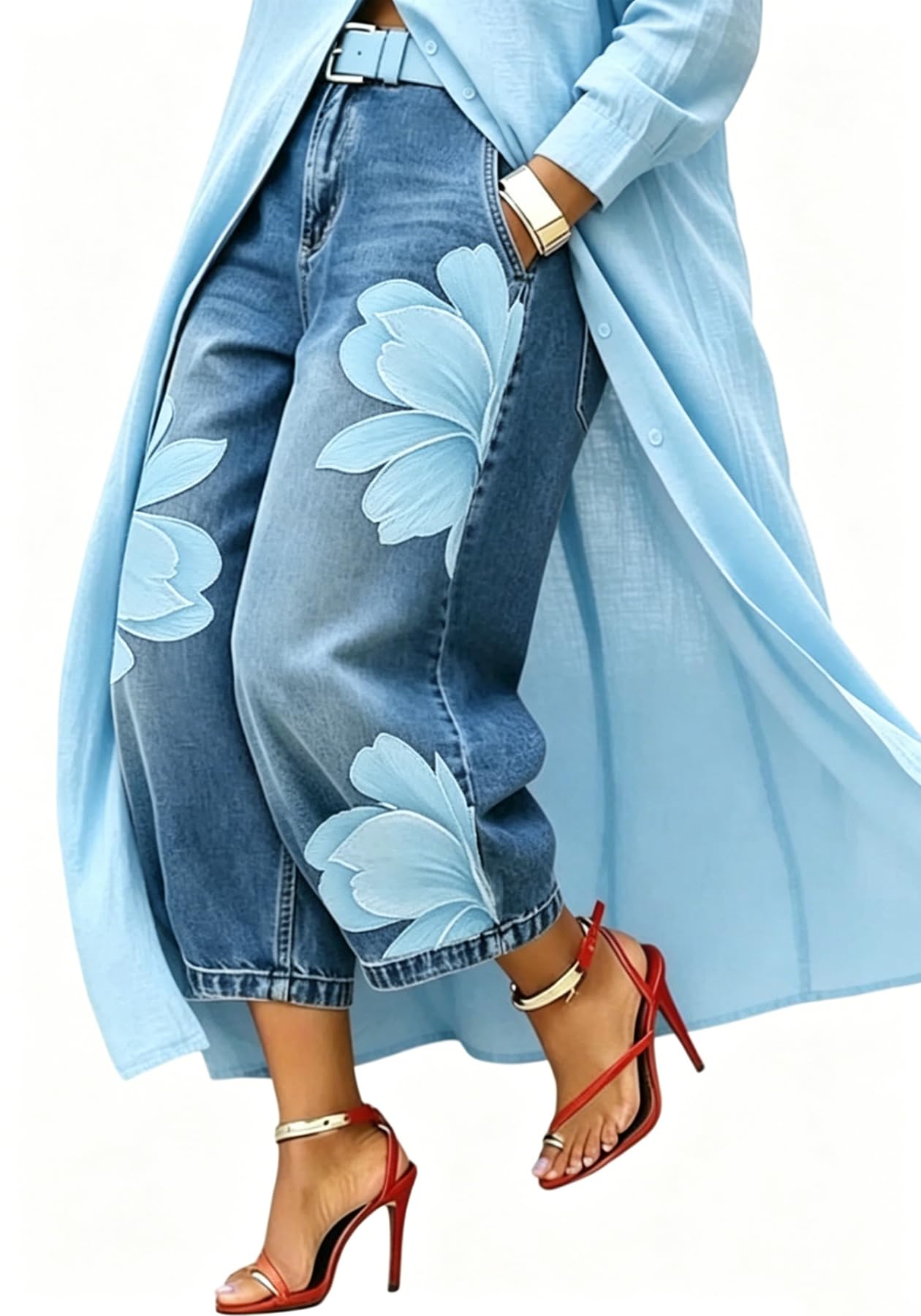 Unybwonn Women Barrel Capri Jeans Floral Wide Leg Cropped Cargo Denim Pants | High Waist,Flower Print,Distressed