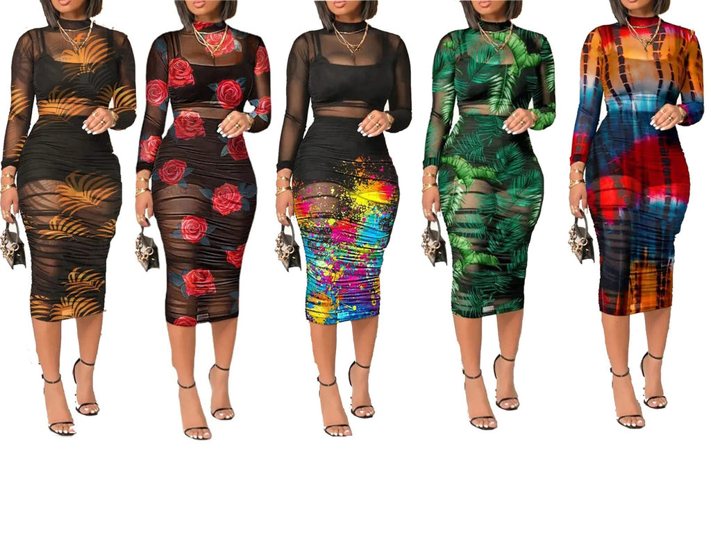 Women Sexy See Through Sheer Mesh Bodycon Midi Dress Long Sleeve Skirt 3 Piece Outfits Set Floral Print Cover Up