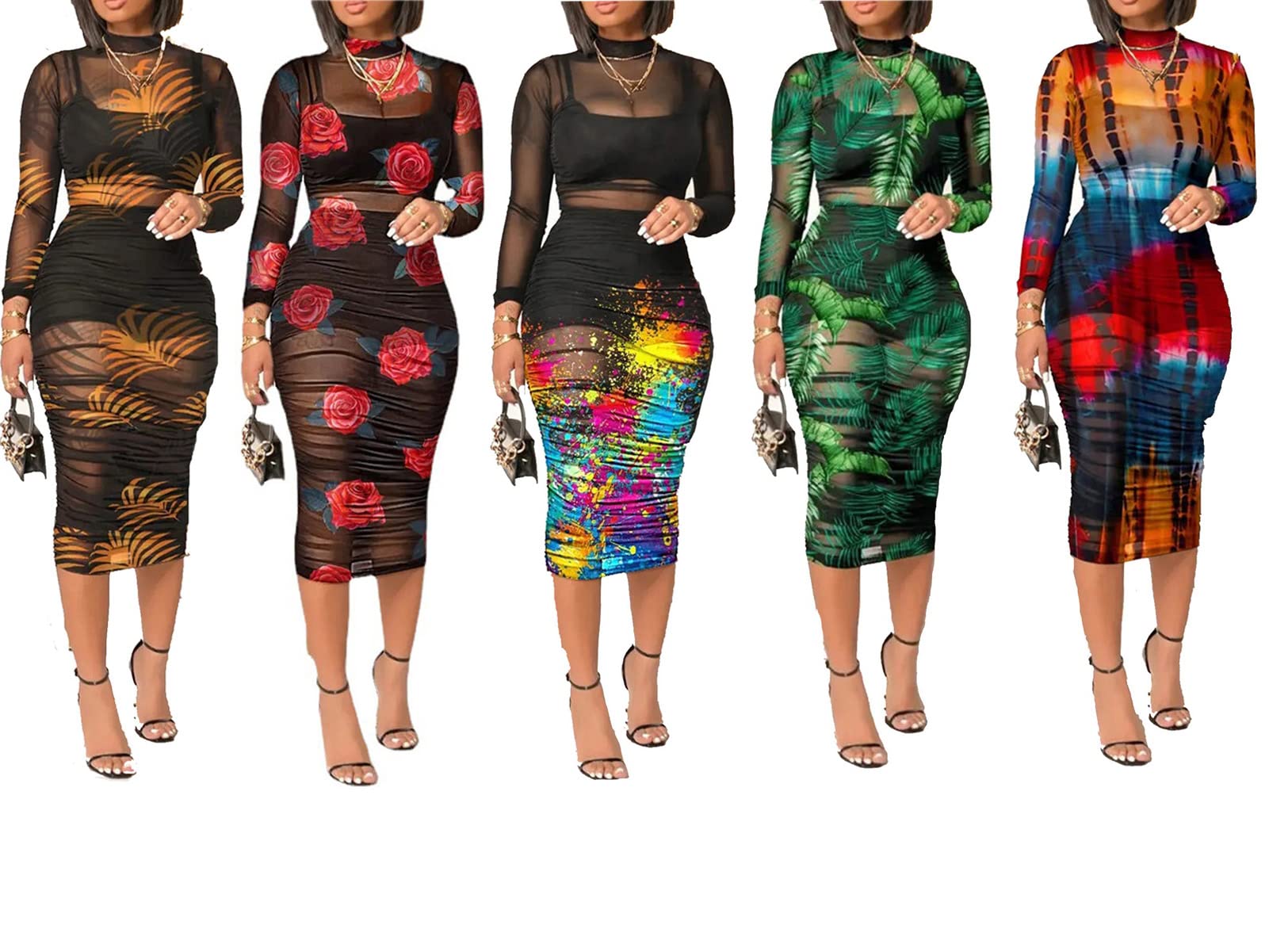 Women Sexy See Through Sheer Mesh Bodycon Midi Dress Long Sleeve Skirt 3 Piece Outfits Set Floral Print Cover Up