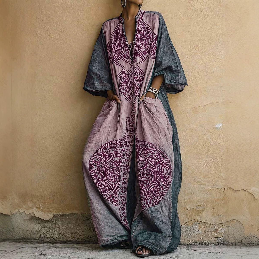 Women Plus Size Boho Wide Leg Jumpsuit Vintage Ethnic Print 3/4 Sleeve V Neck Vacation Casual Jumpsuit With Pockets