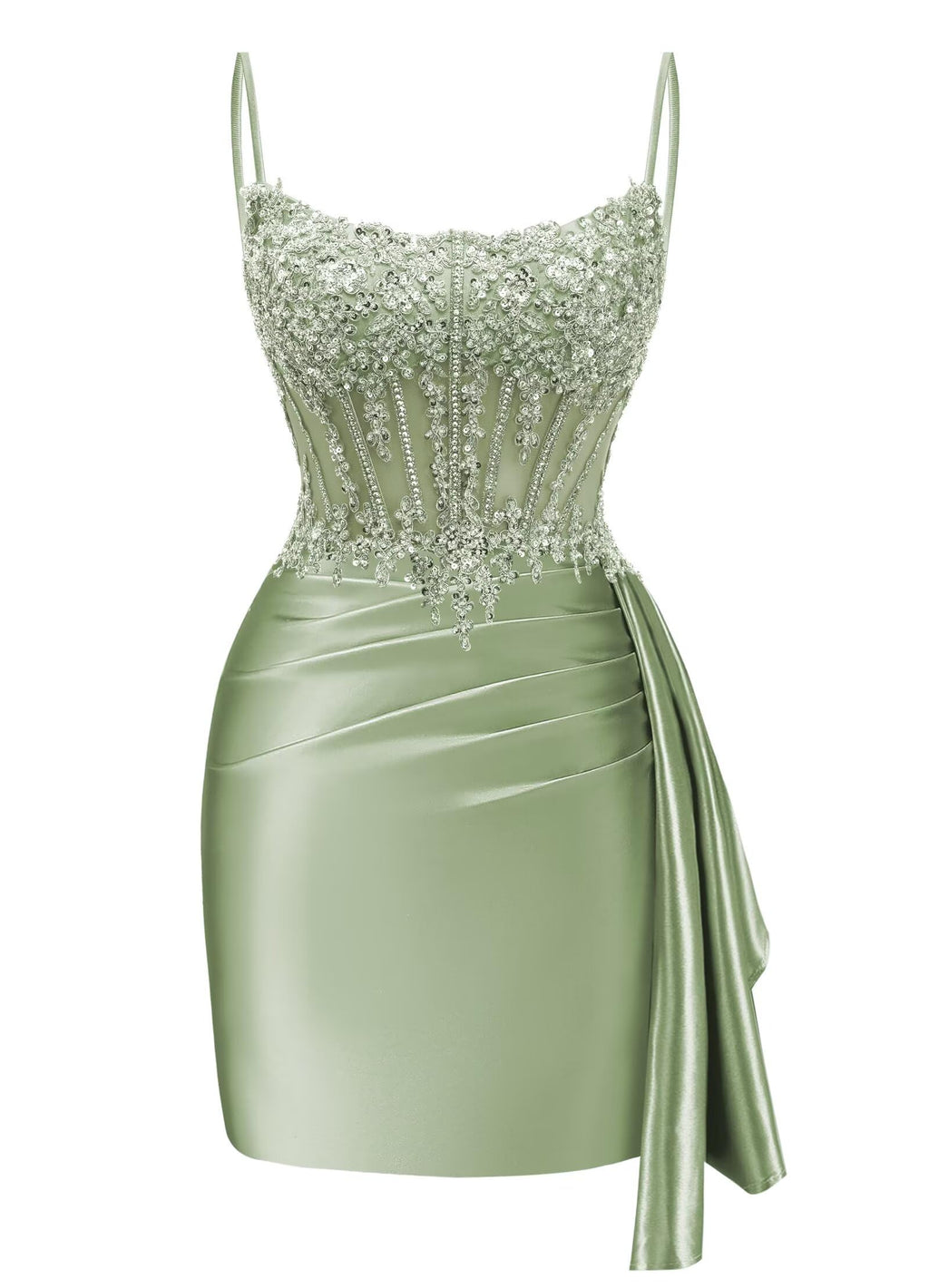 Satin Mermaid Homecoming Dresses 2026 Square Neck Beaded Short Prom Dress | Spaghetti Strap,Ruched,Tight,Bodycon,Sparkle,Sequin,Mini,Hoco Dresses,Club Dresses,Party Dresses