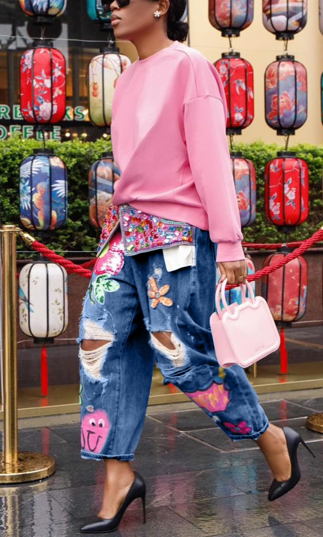 Women's Barrel Jeans Wide Leg High Waist Rhinestone Floral Horseshoe Ripped Baggy Cropped Jeans Denim Pants