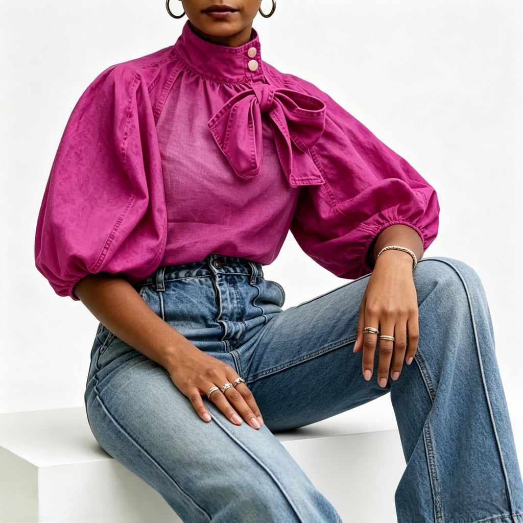 Women's Bow Design Denim Pullover Top Button Up High Neck Fashionable Jacket with Elastic and Puff Sleeves