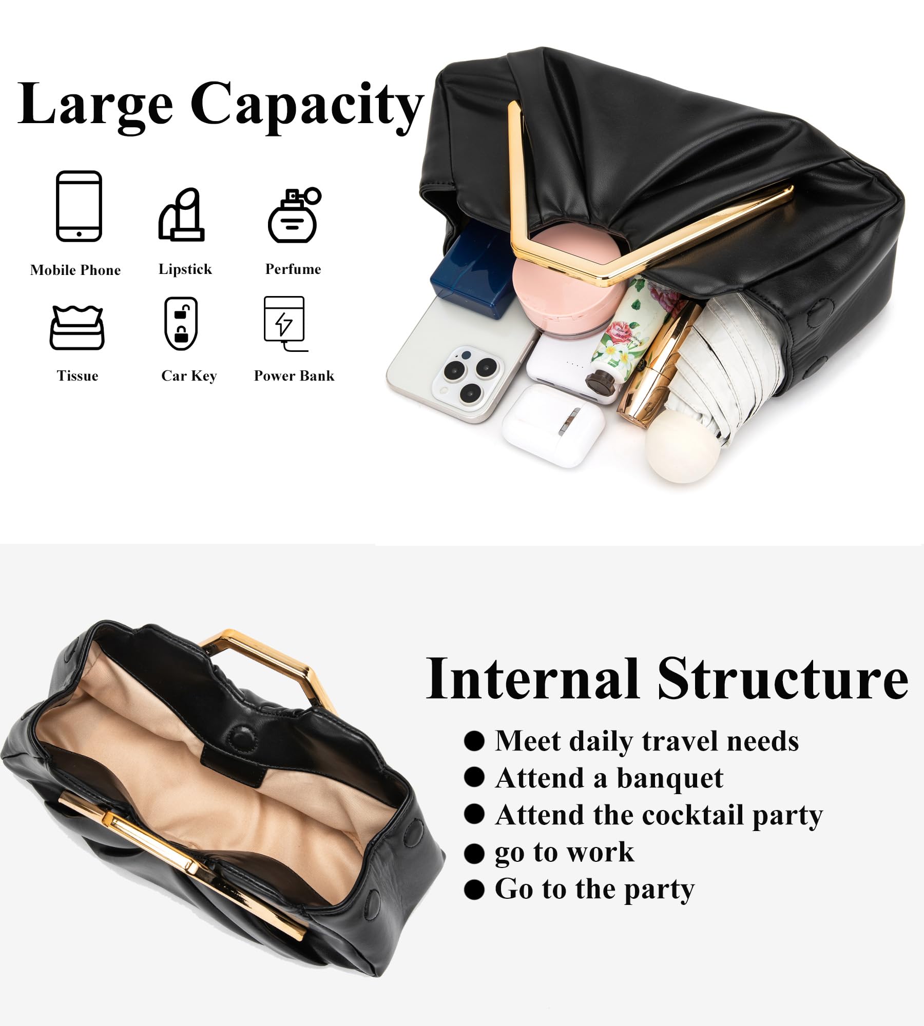 myfriday Elegant Ruched Clutch Purse, Soft Dumpling Evening Bag | for Women