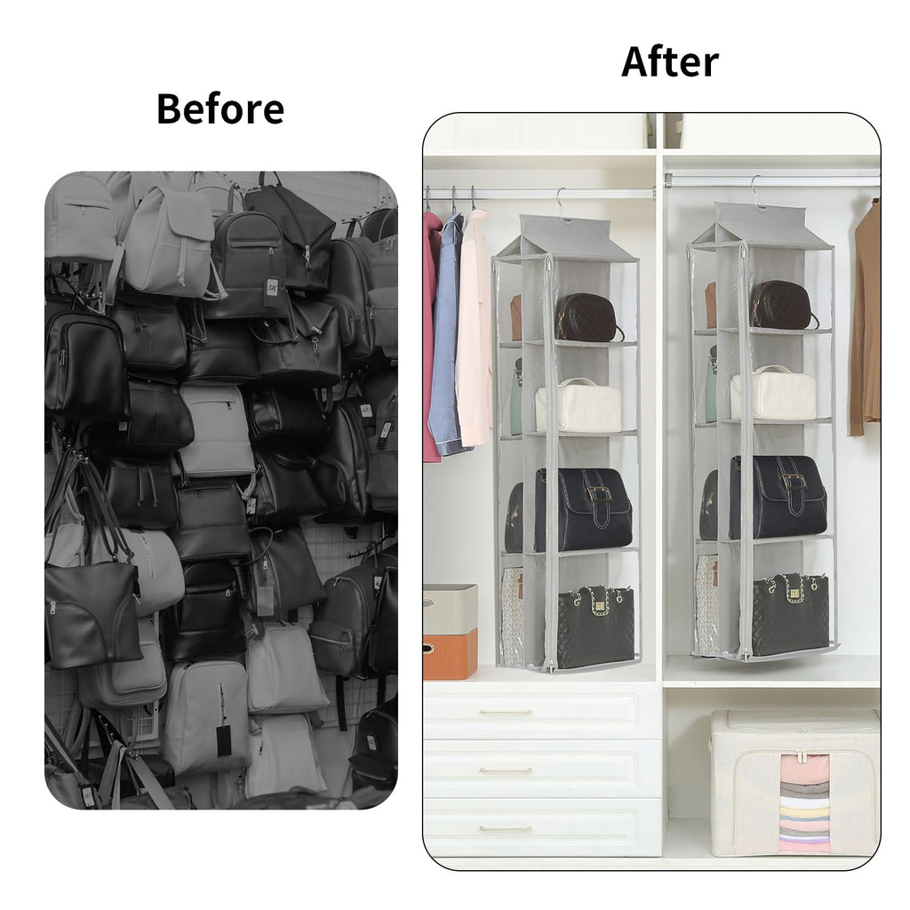 8 Grids in 1 Rotatable Hanging Purse Handbag Organizer with Double Zippers, Visible Purse Organizer for Closet, Fully Enclosed Handbag Storage Holder