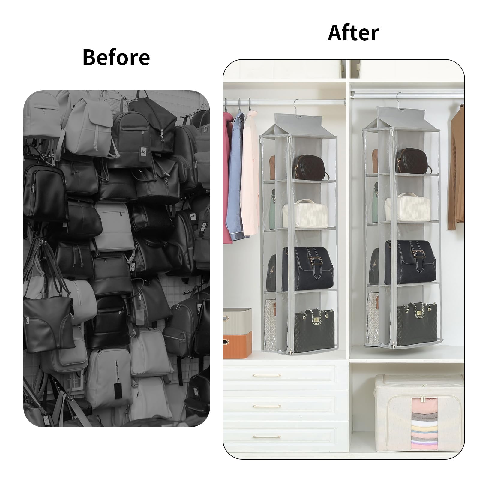 8 Grids in 1 Rotatable Hanging Purse Handbag Organizer with Double Zippers, Visible Purse Organizer for Closet, Fully Enclosed Handbag Storage Holder