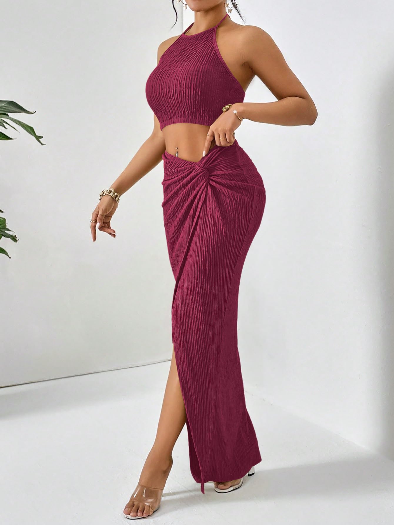 BEAUDRM Women's 2 Pieces Summer Outfits Textured Halter Crop Top and Split Maxi Skirt Set S Going Out Beach Vacation Outfits