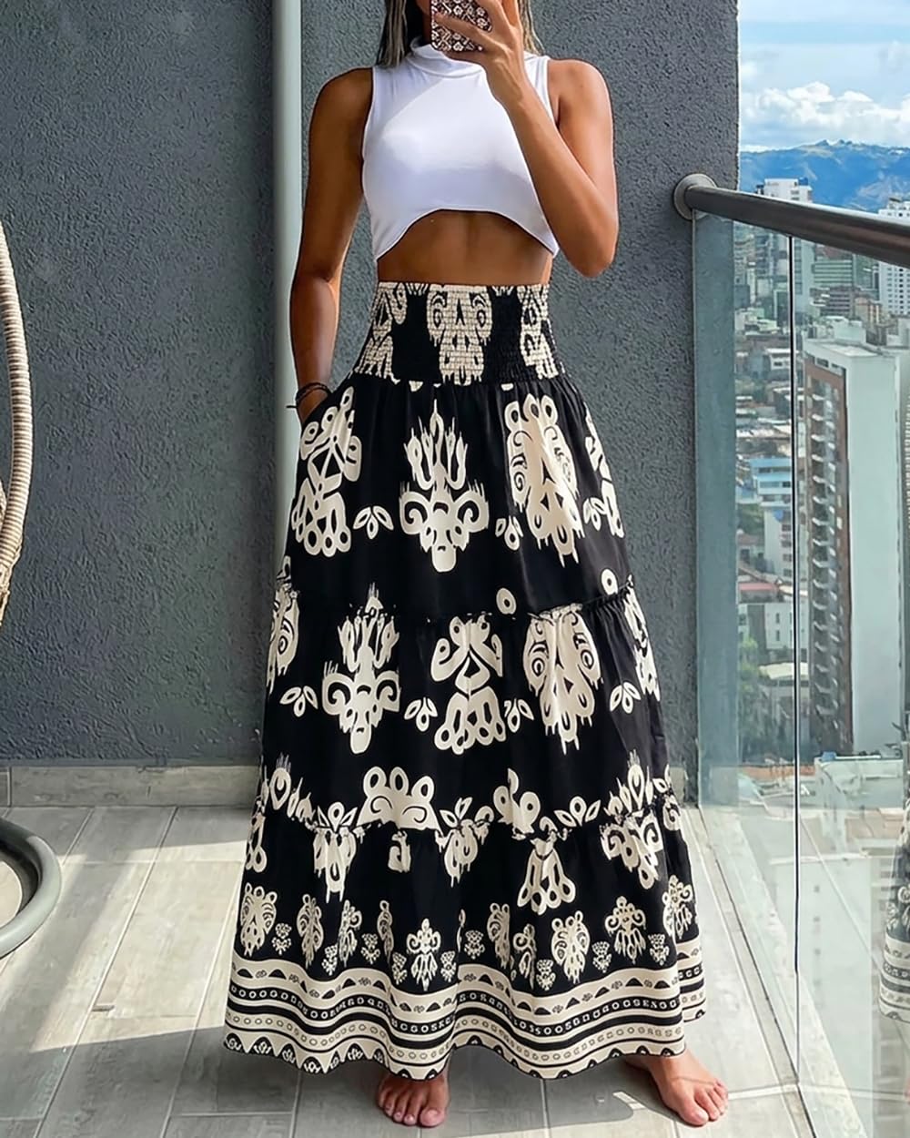 CHICME Women's Boho Floral Summer Maxi Skirt with Pockets Vacation Outfit | Shirred High Waist, Ruffle Hem, Lightweight Comfortable Fabric, A-Line Long Flowy Skirt for Beach, Travel & Daily Wear