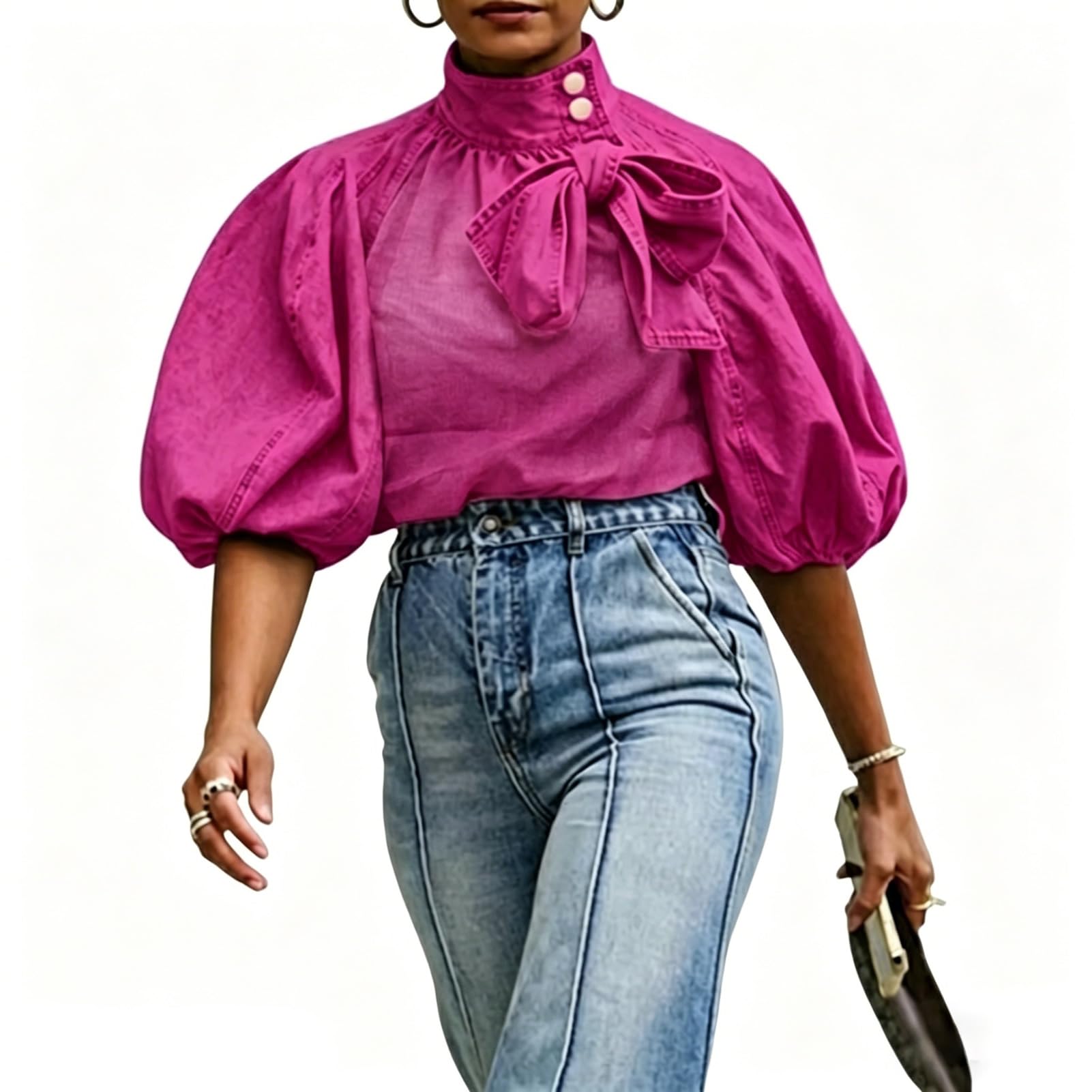 Women's Bow Design Denim Pullover Top Button Up High Neck Fashionable Jacket with Elastic and Puff Sleeves